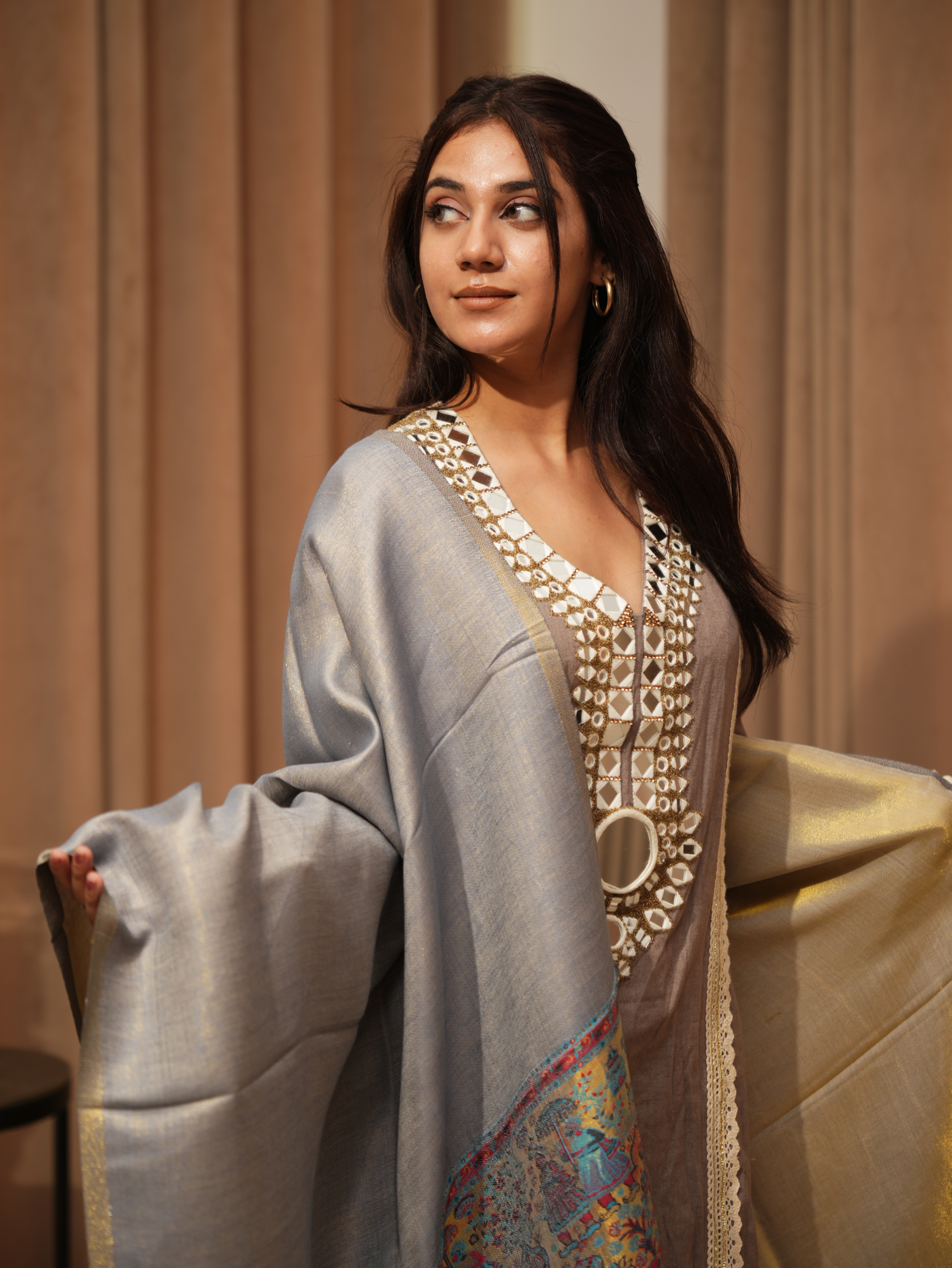 Karivani Women's Faux Pashmina Stole - Modal Palla Zari Stole