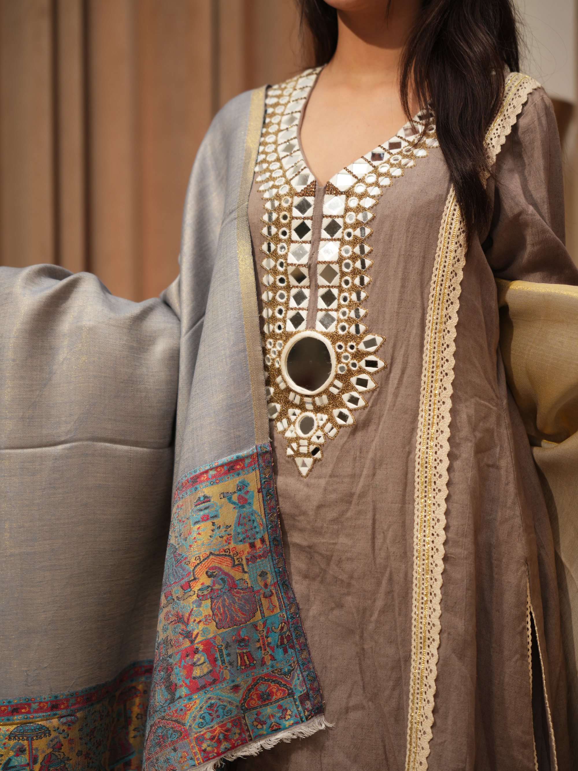 Karivani Women's Faux Pashmina Stole - Modal Palla Zari Stole