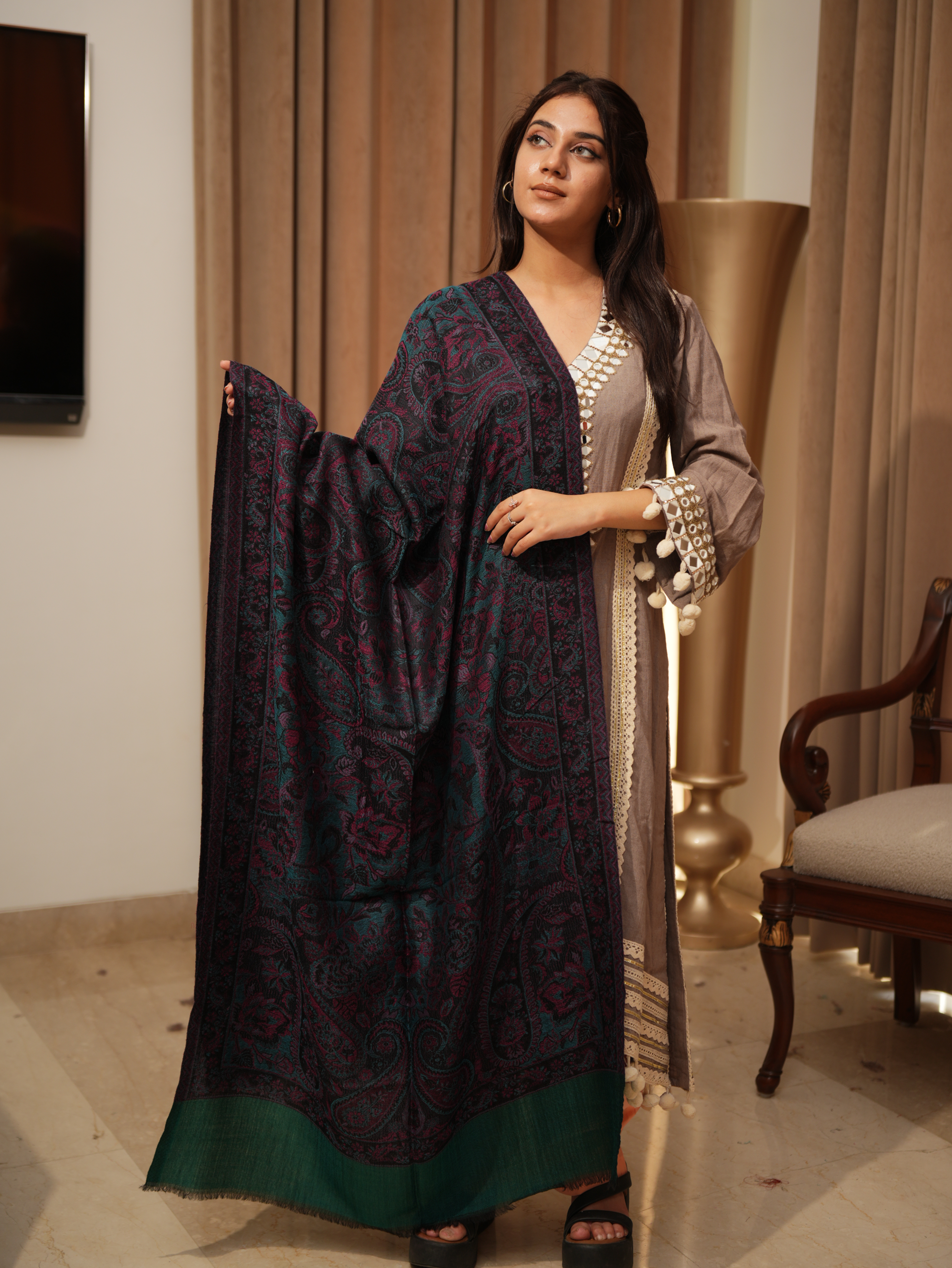 Karivani Women's Faux Pashmina Stole - Modal Jamawar Stole