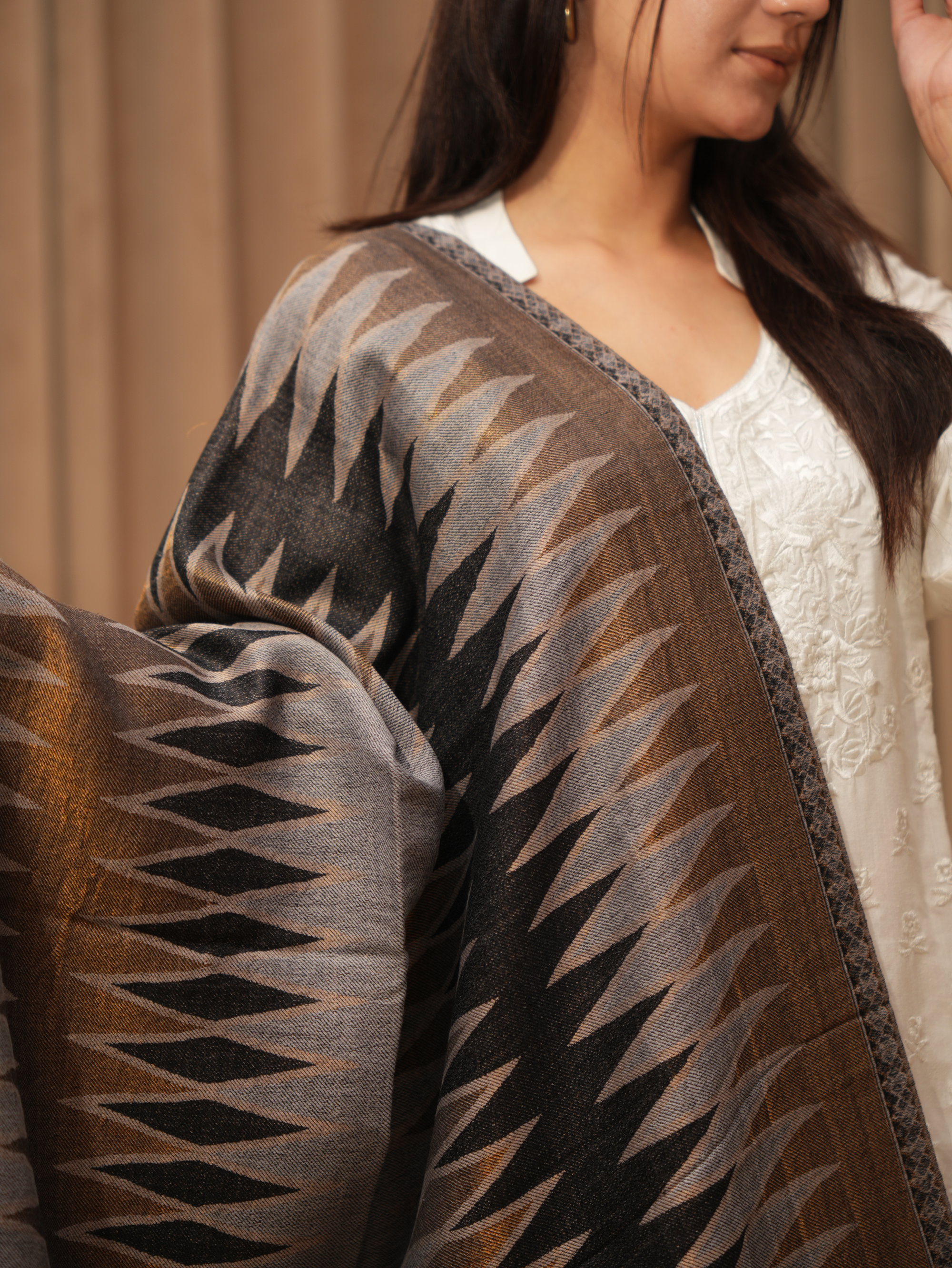 Karivani Women's Faux Pashmina Stole - Ikkkat Zari Stole