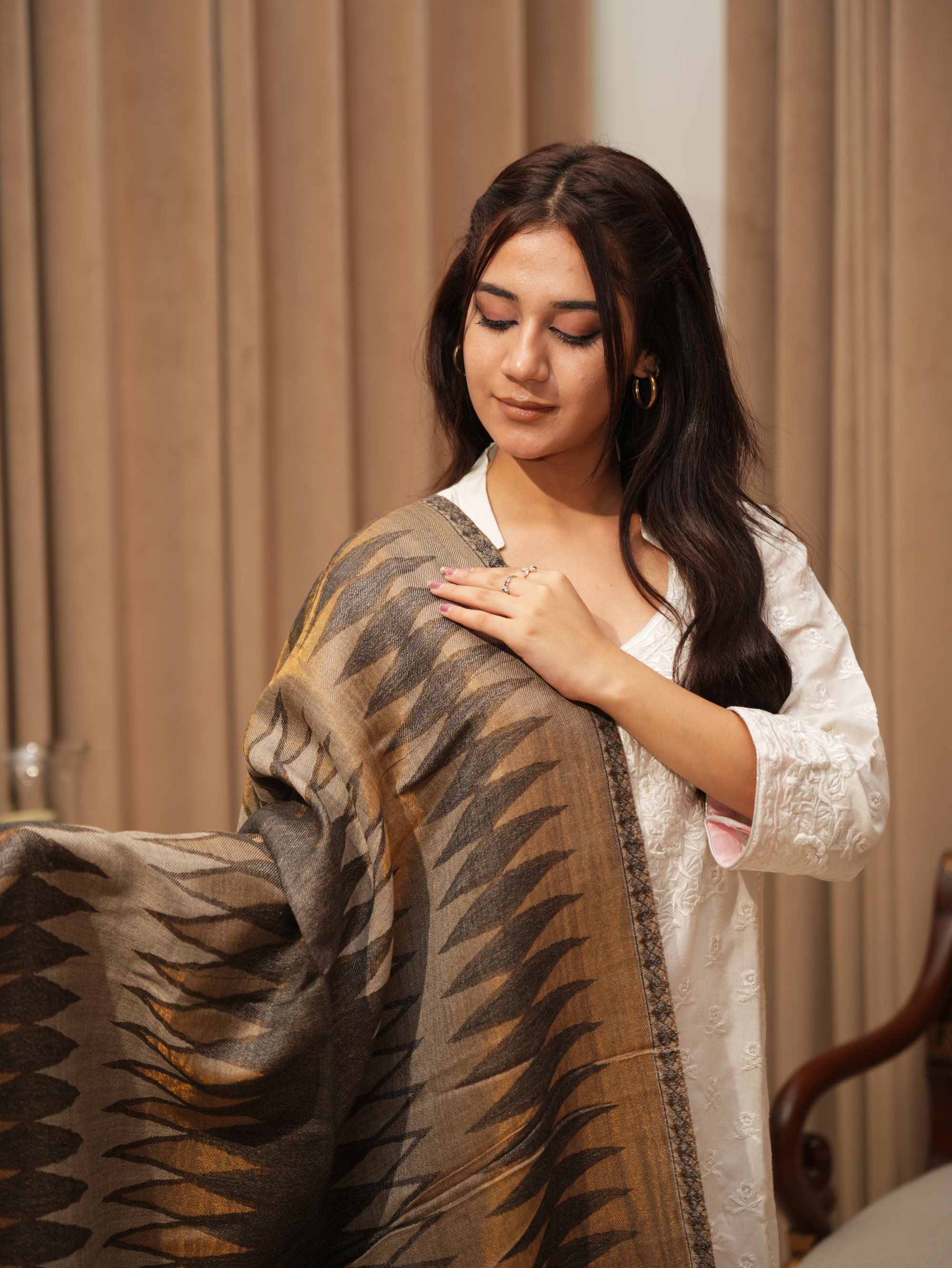 Karivani Women's Faux Pashmina Stole - Ikkkat Zari Stole