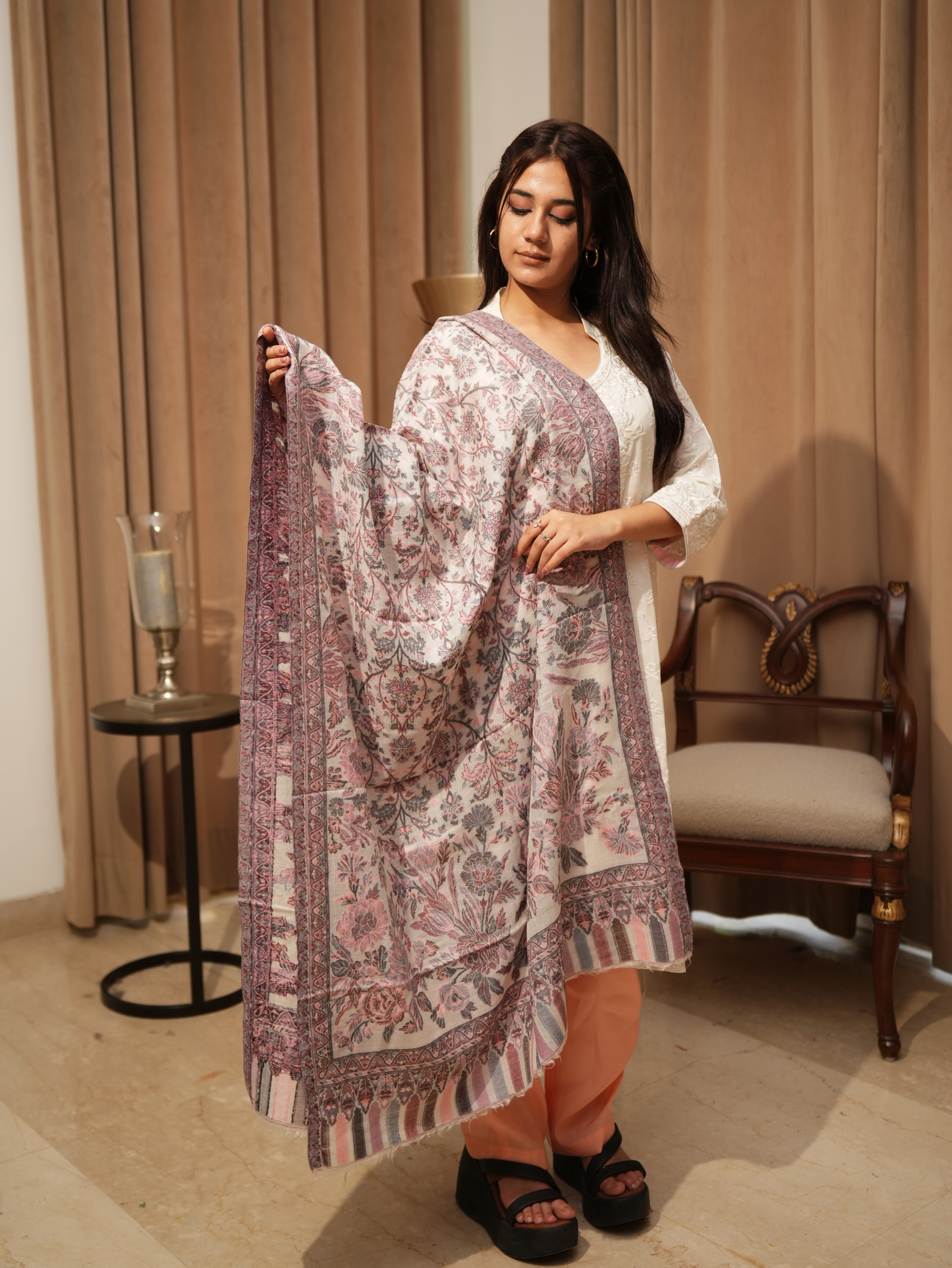 Karivani Women's Faux Pashmina Stole - Flower Kani Stole