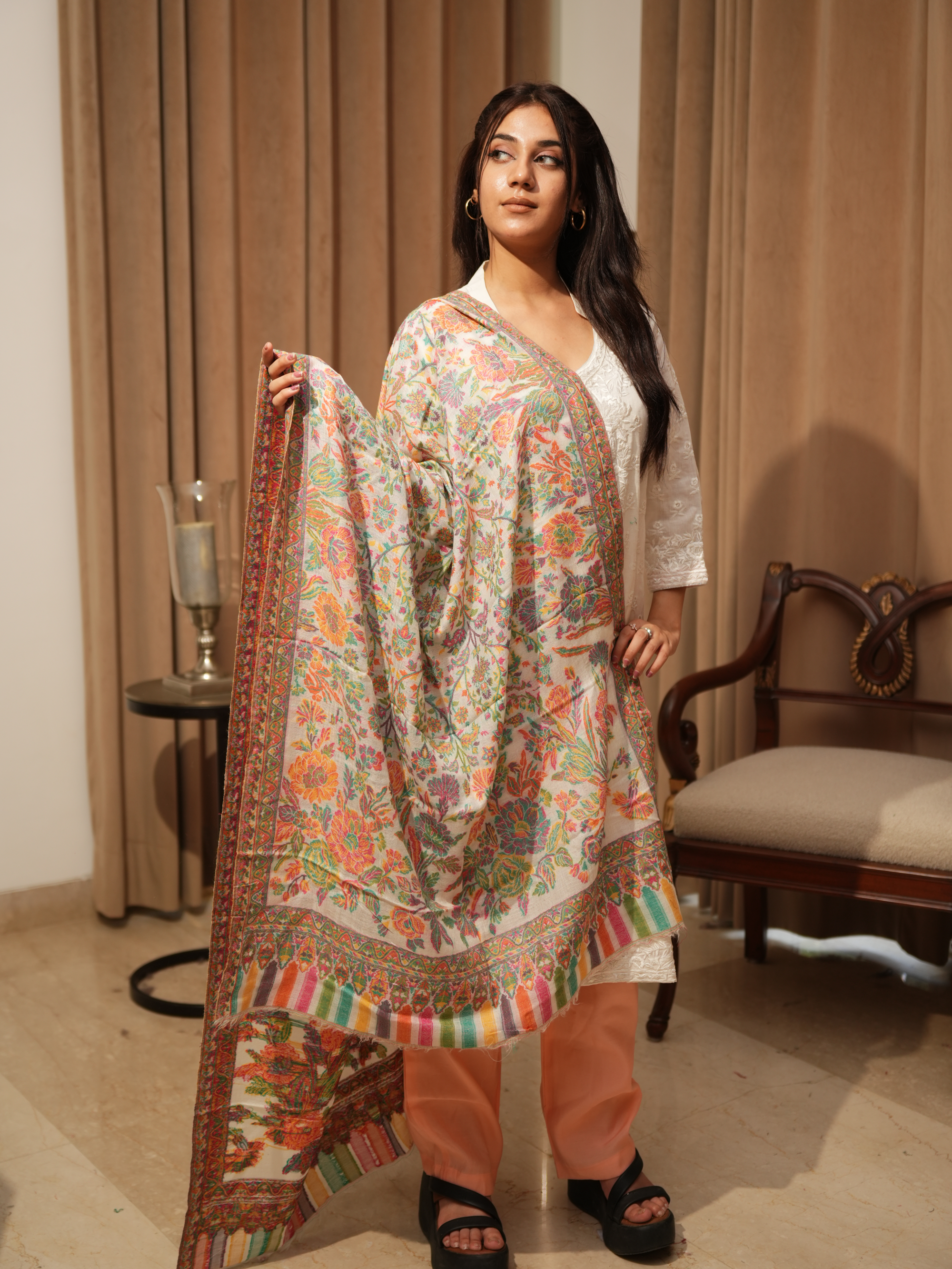 Karivani Women's Faux Pashmina Stole - Flower Kani Stole