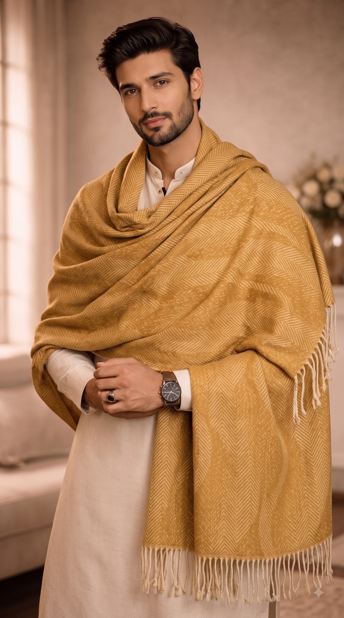 Wave Herringbone Textured Polyester Stole with Tassels