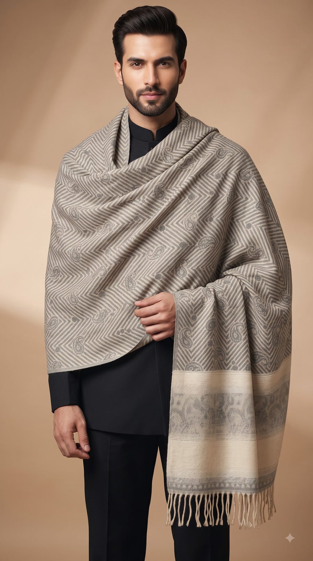 Paisley Chevron Pattern Polyester Stole with Tassels