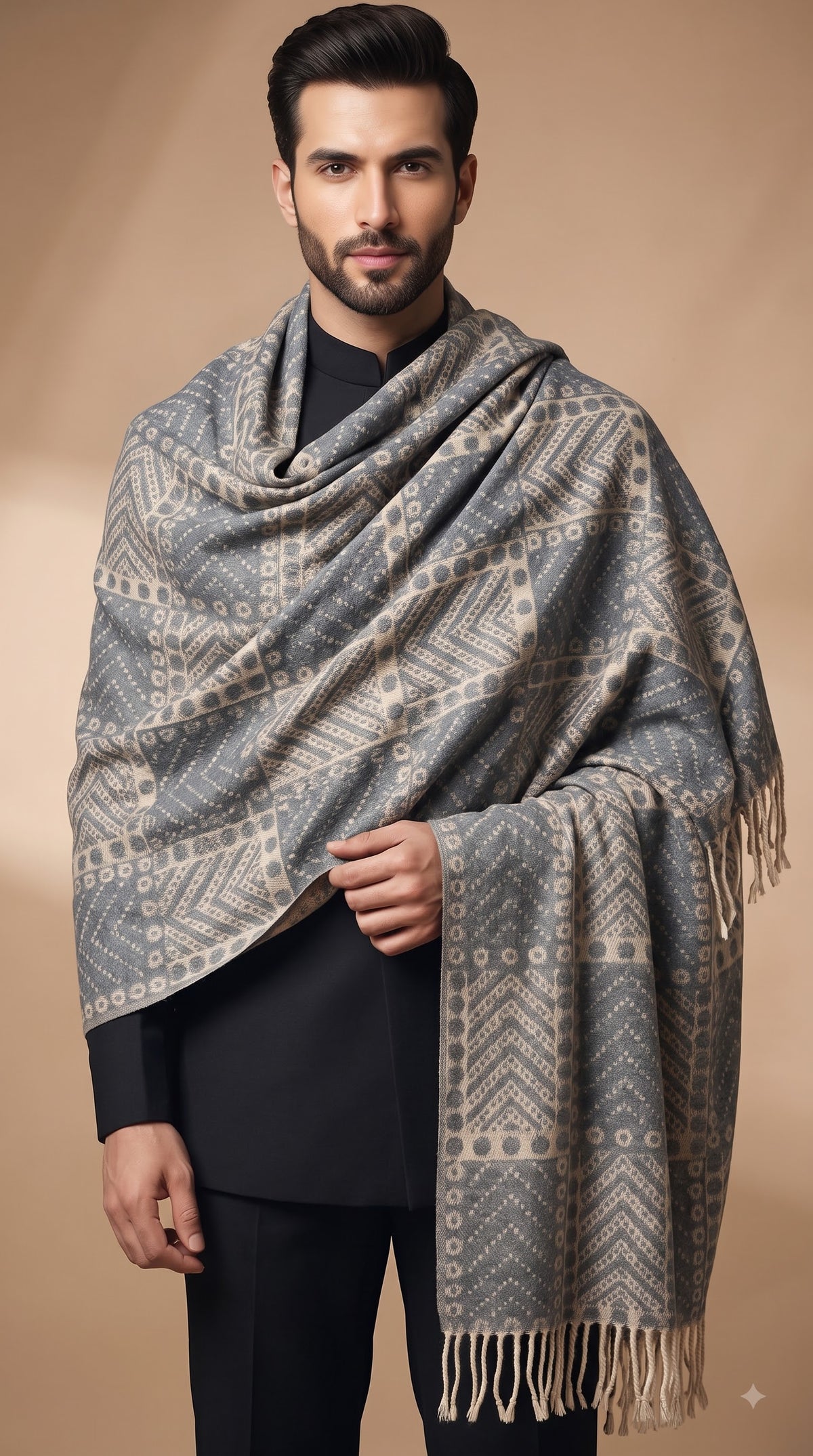Geometric Tribal Block Polyester Stole with Tassels