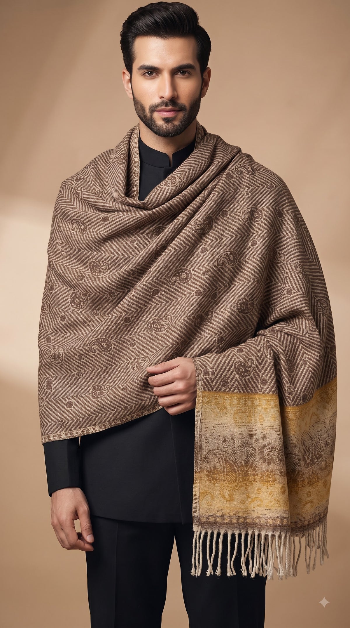 Paisley Chevron Pattern Polyester Stole with Tassels