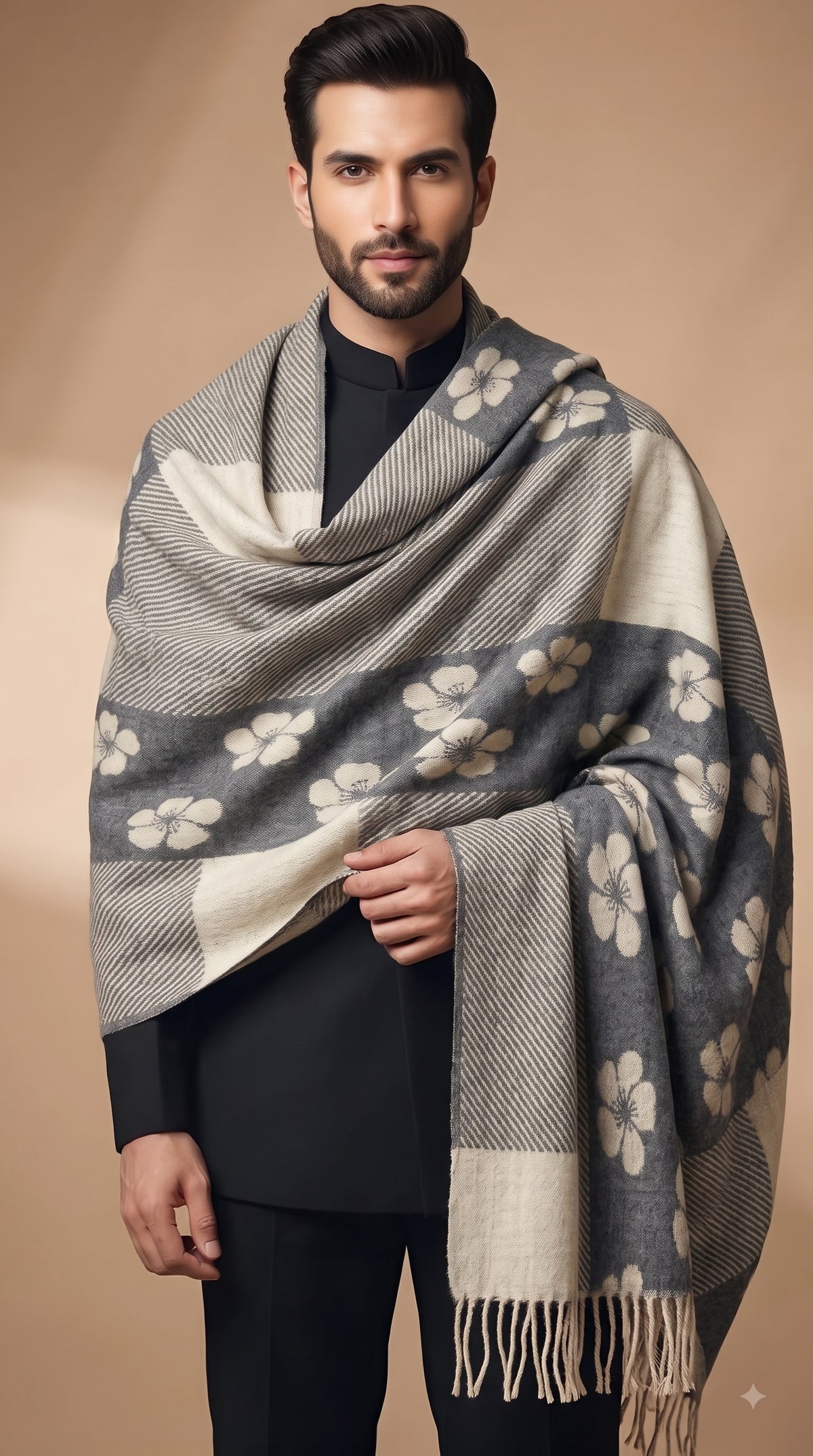 Floral Patchwork Polyester Stole with Tassels