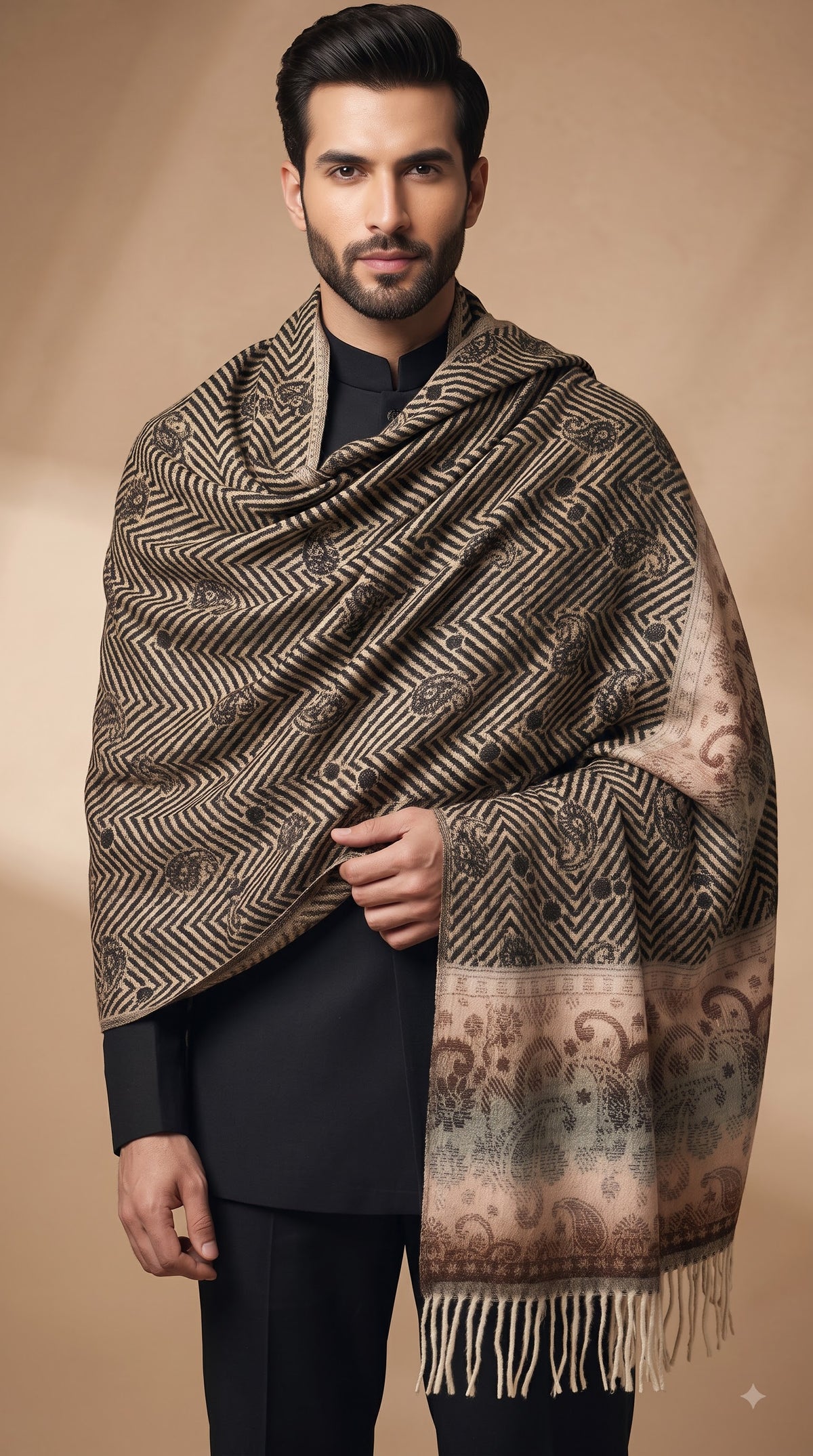 Paisley Chevron Pattern Polyester Stole with Tassels