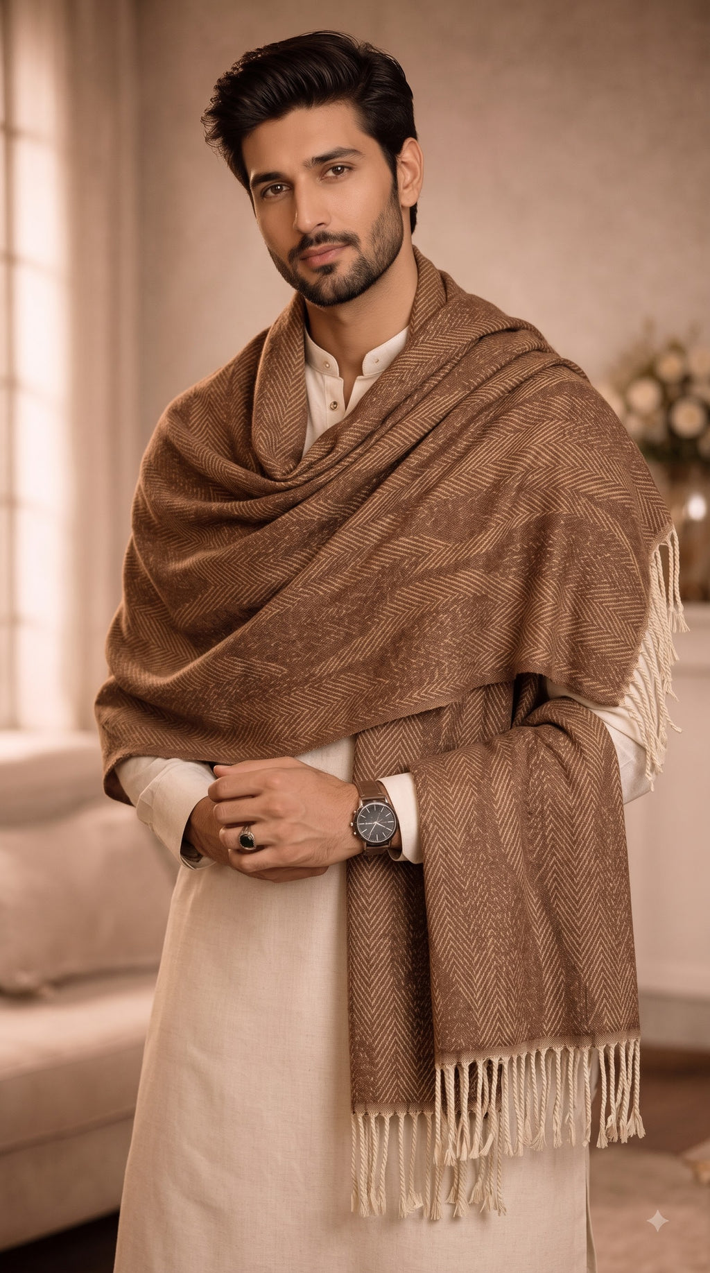Wave Herringbone Textured Polyester Stole with Tassels