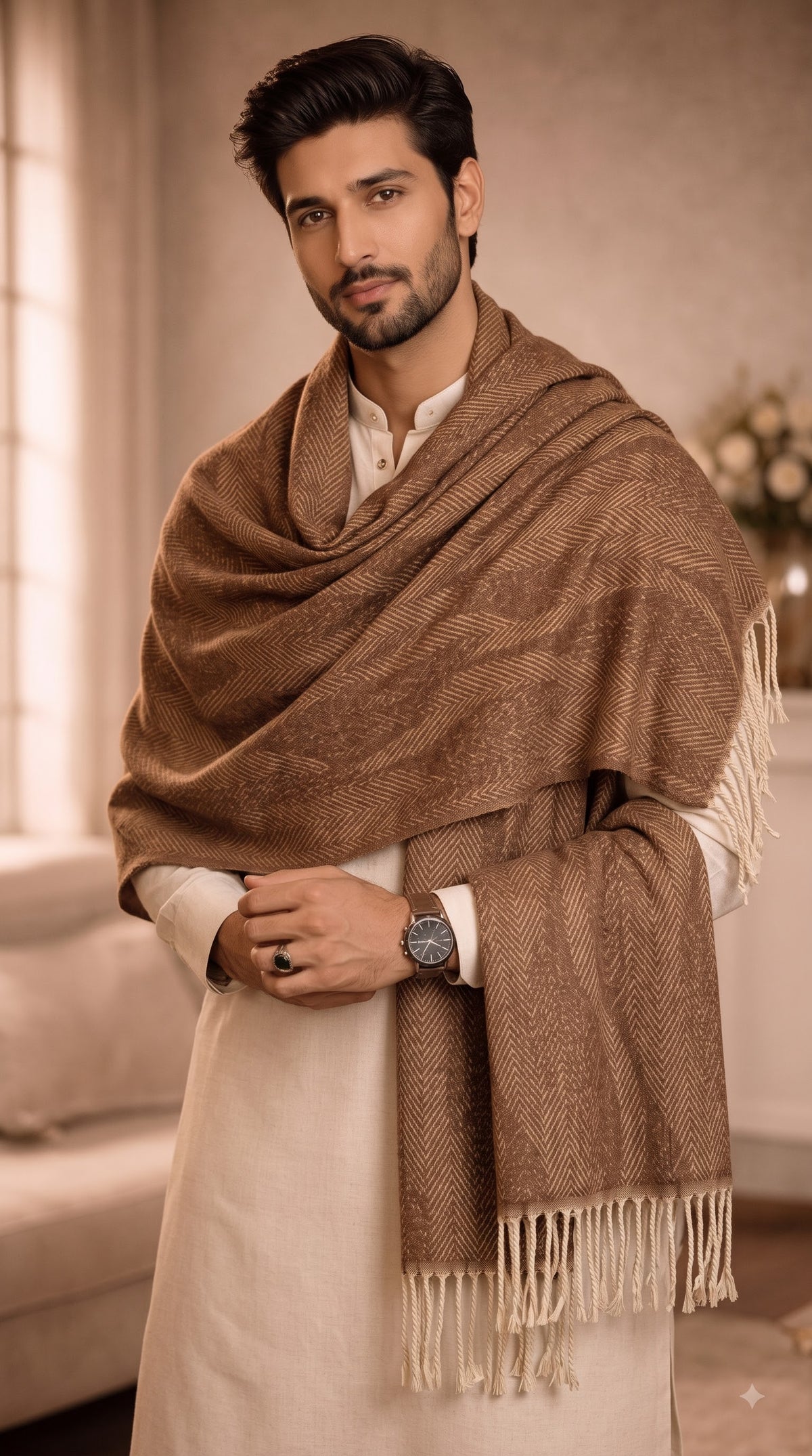 Wave Herringbone Textured Polyester Stole with Tassels