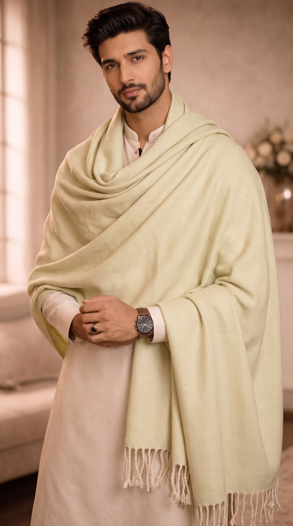 Wave Herringbone Textured Polyester Stole with Tassels