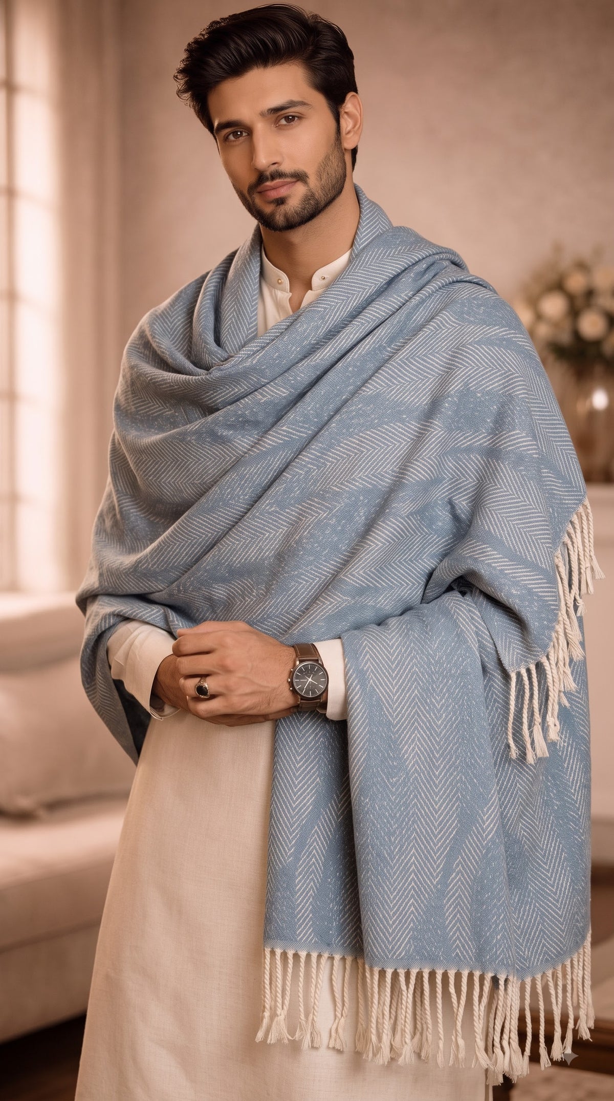 Wave Herringbone Textured Polyester Stole with Tassels