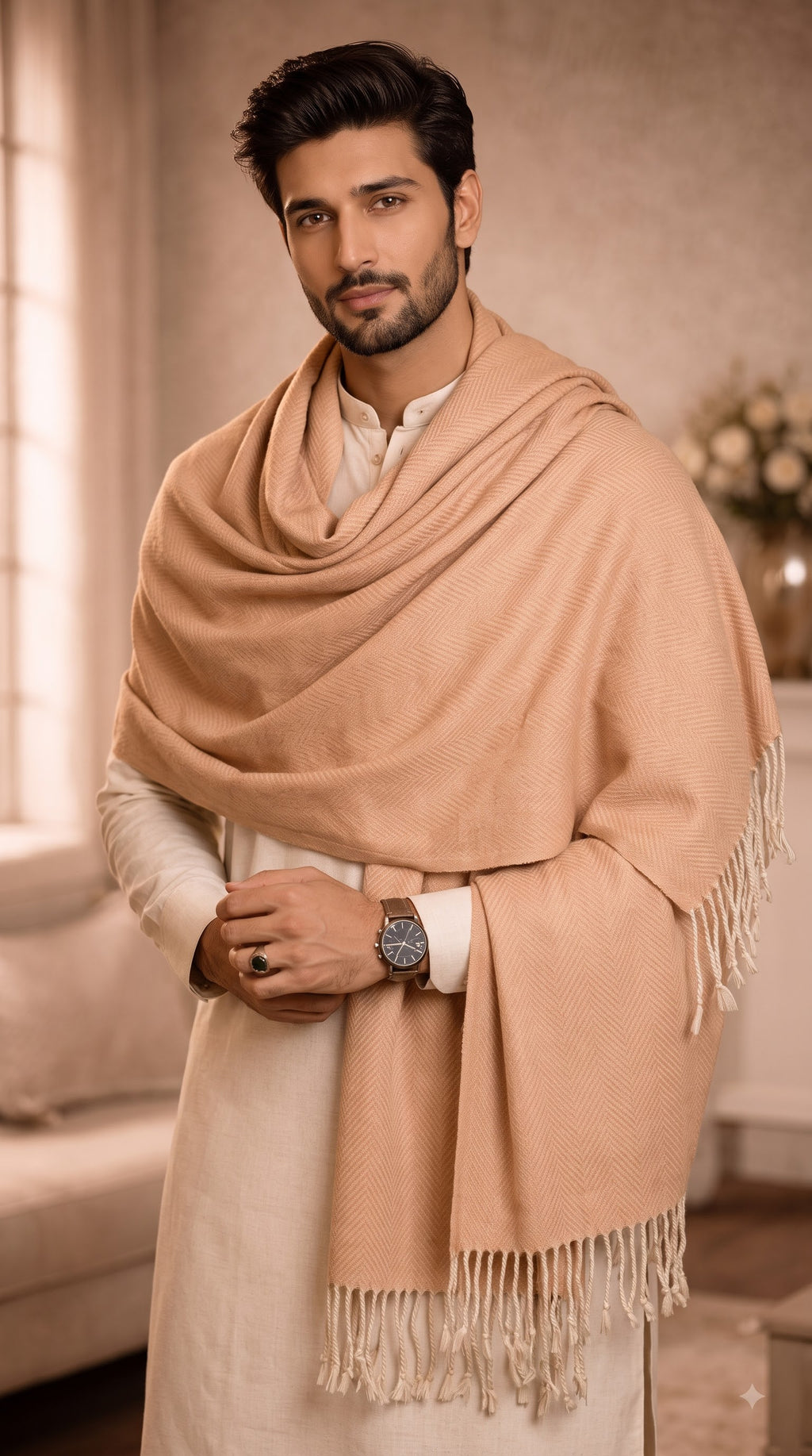 Wave Herringbone Textured Polyester Stole with Tassels
