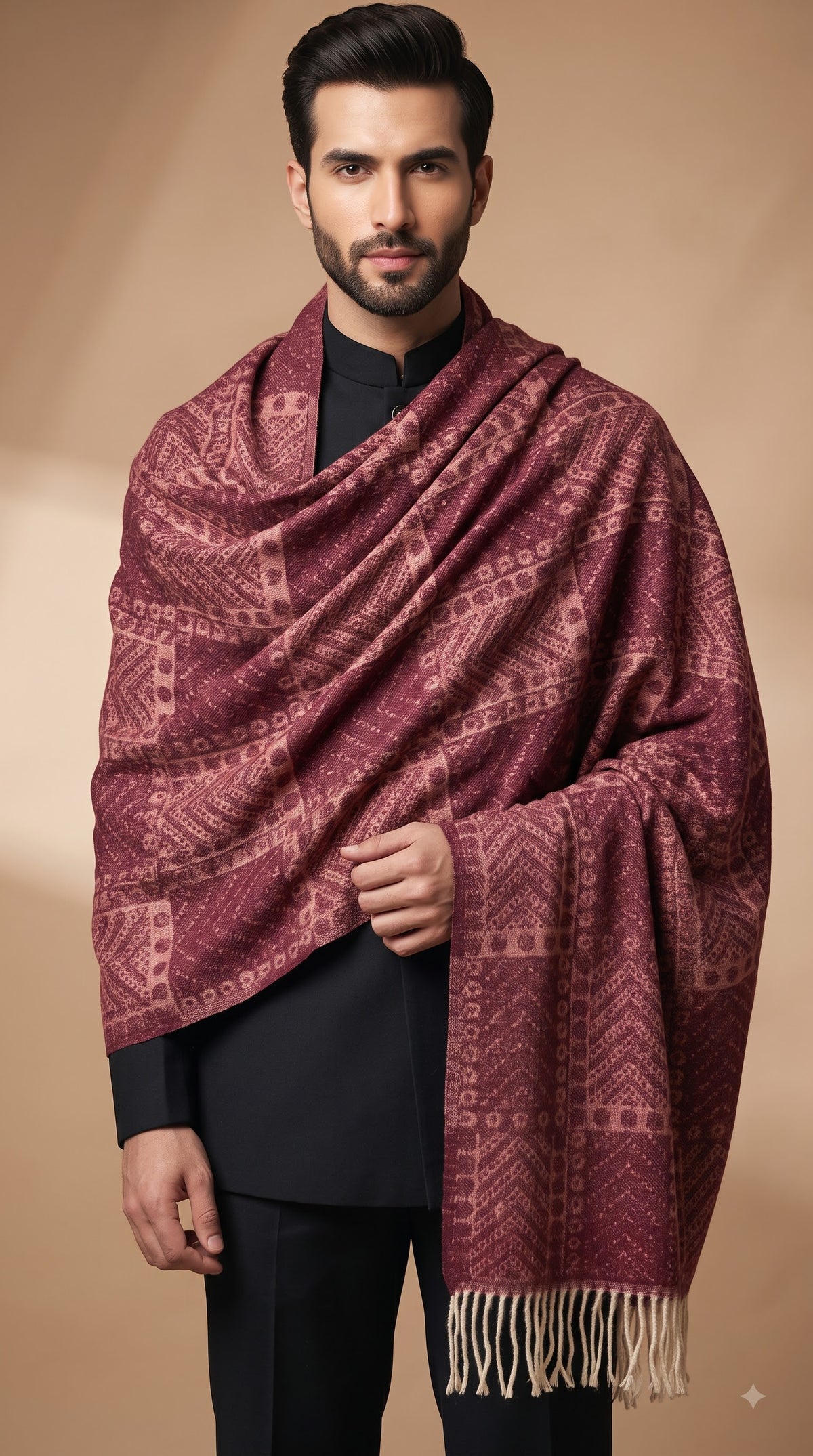 Geometric Tribal Block Polyester Stole with Tassels