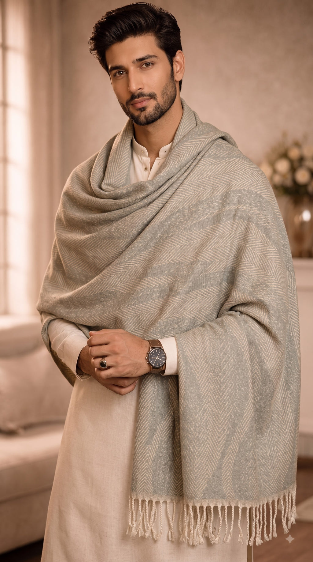 Wave Herringbone Textured Polyester Stole with Tassels