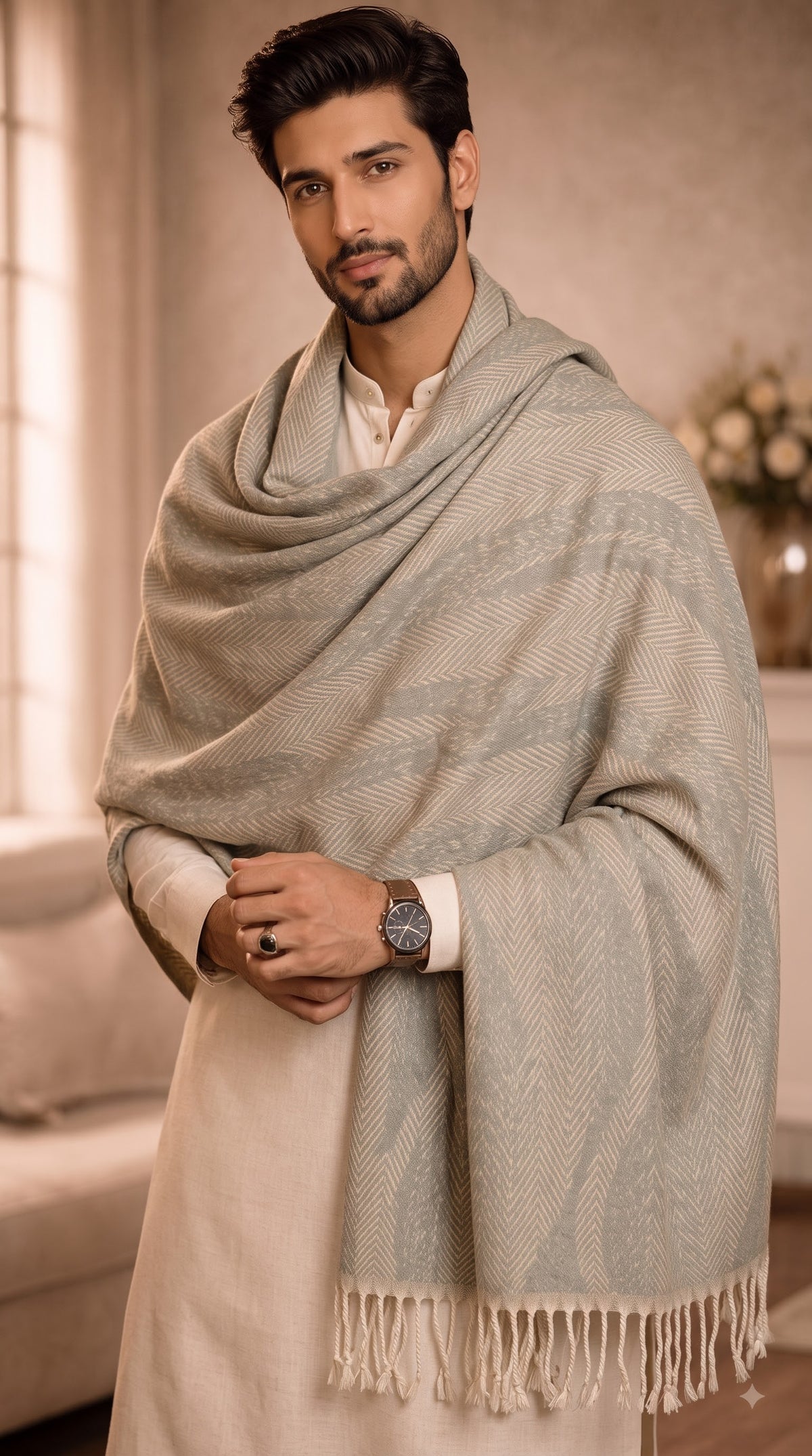 Wave Herringbone Textured Polyester Stole with Tassels