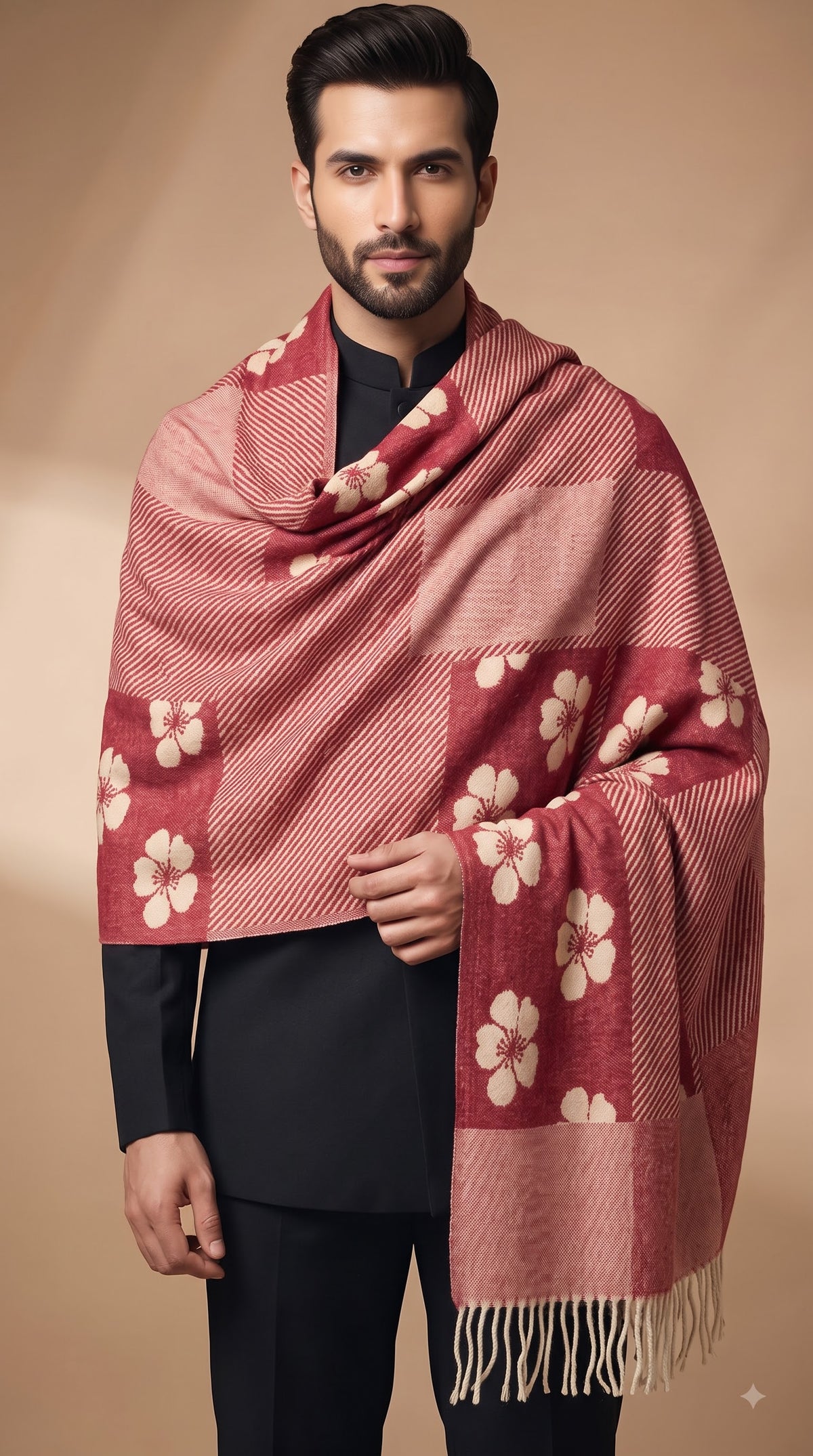 Floral Patchwork Polyester Stole with Tassels