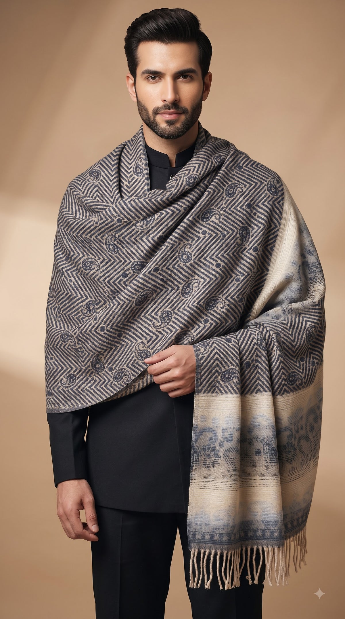Paisley Chevron Pattern Polyester Stole with Tassels