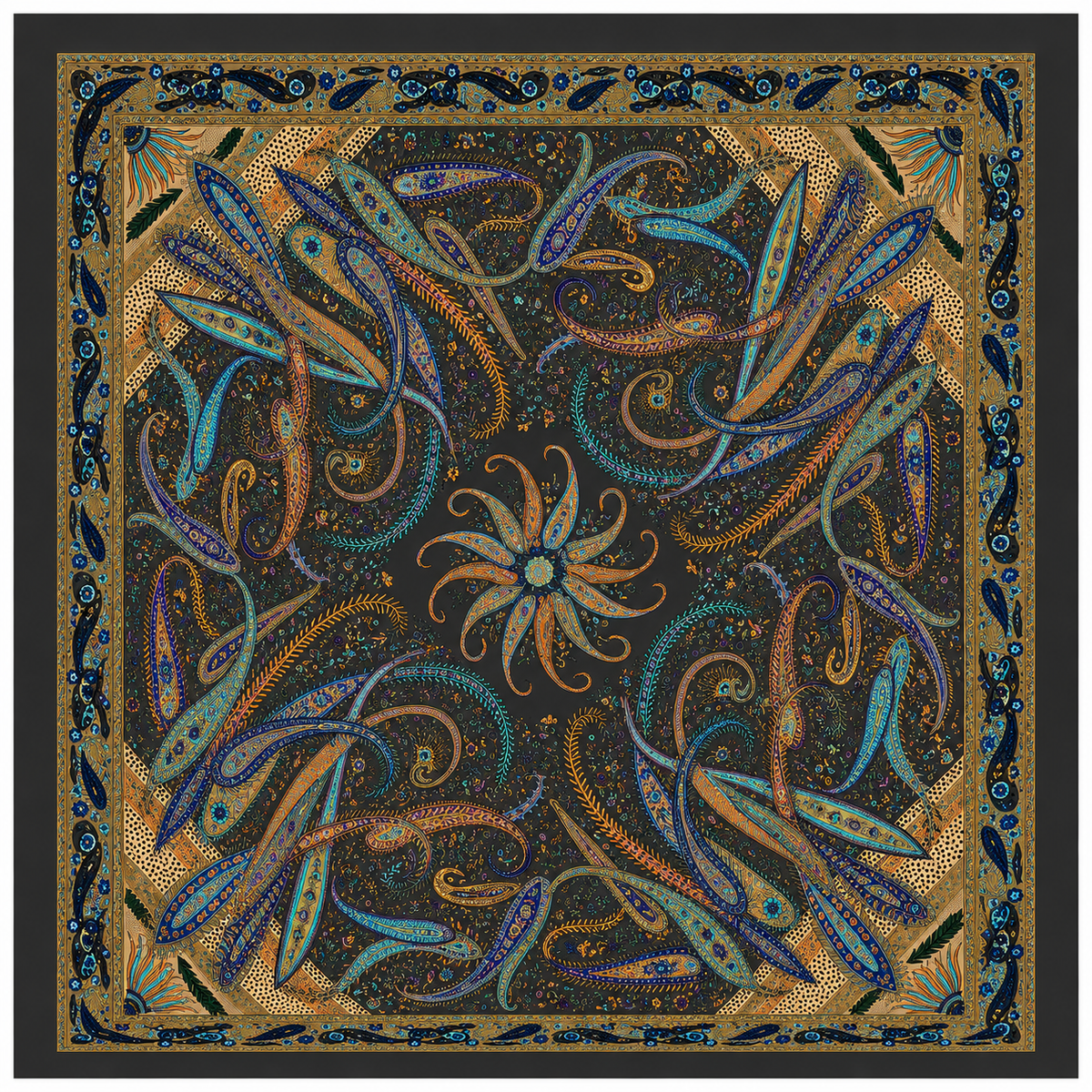 Vintage Paisley Motif Pure Silk Square Scarf | 100x100 cm