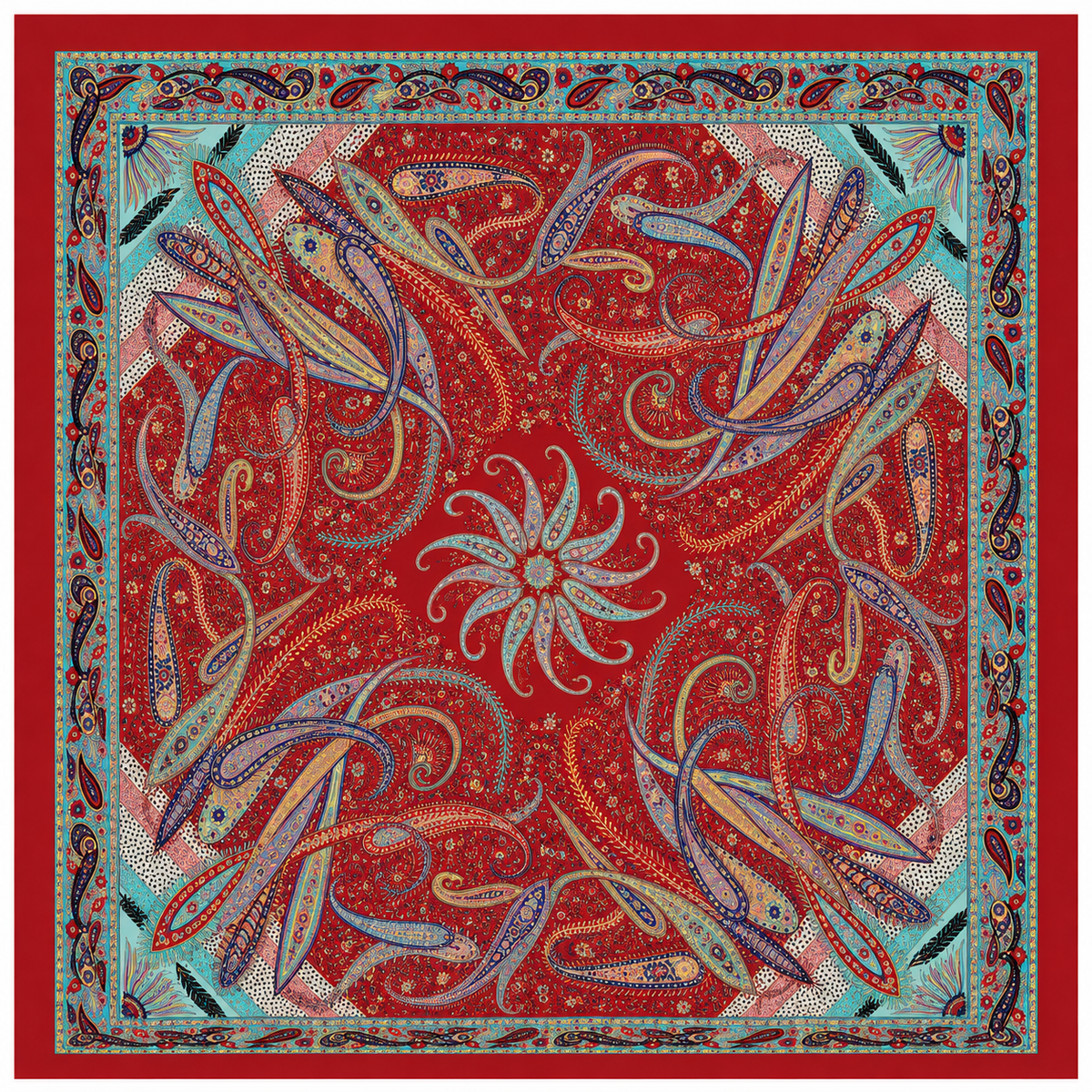 Vintage Paisley Motif Pure Silk Square Scarf | 100x100 cm