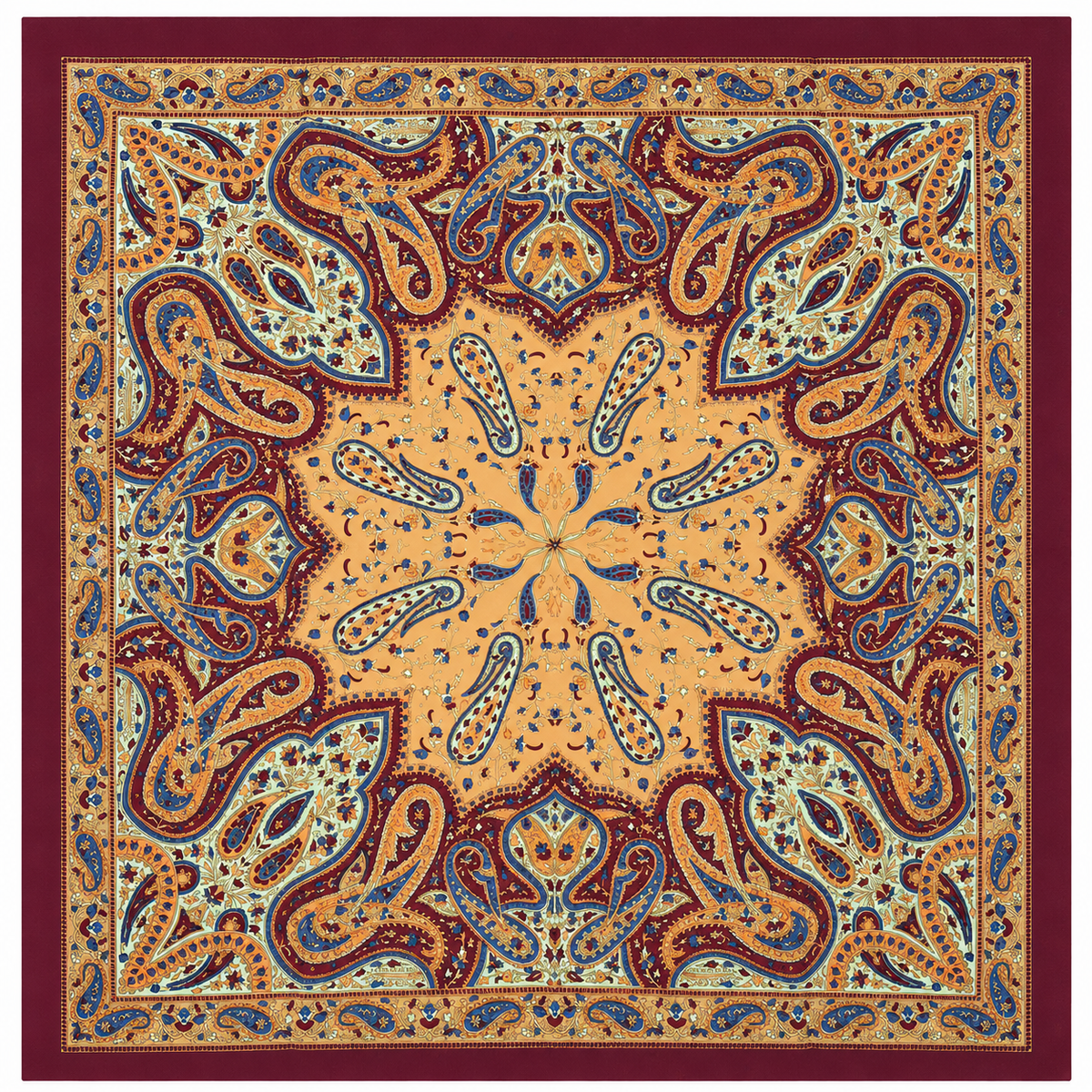 Vintage Paisley Motif Pure Silk Square Scarf | 100x100 cm