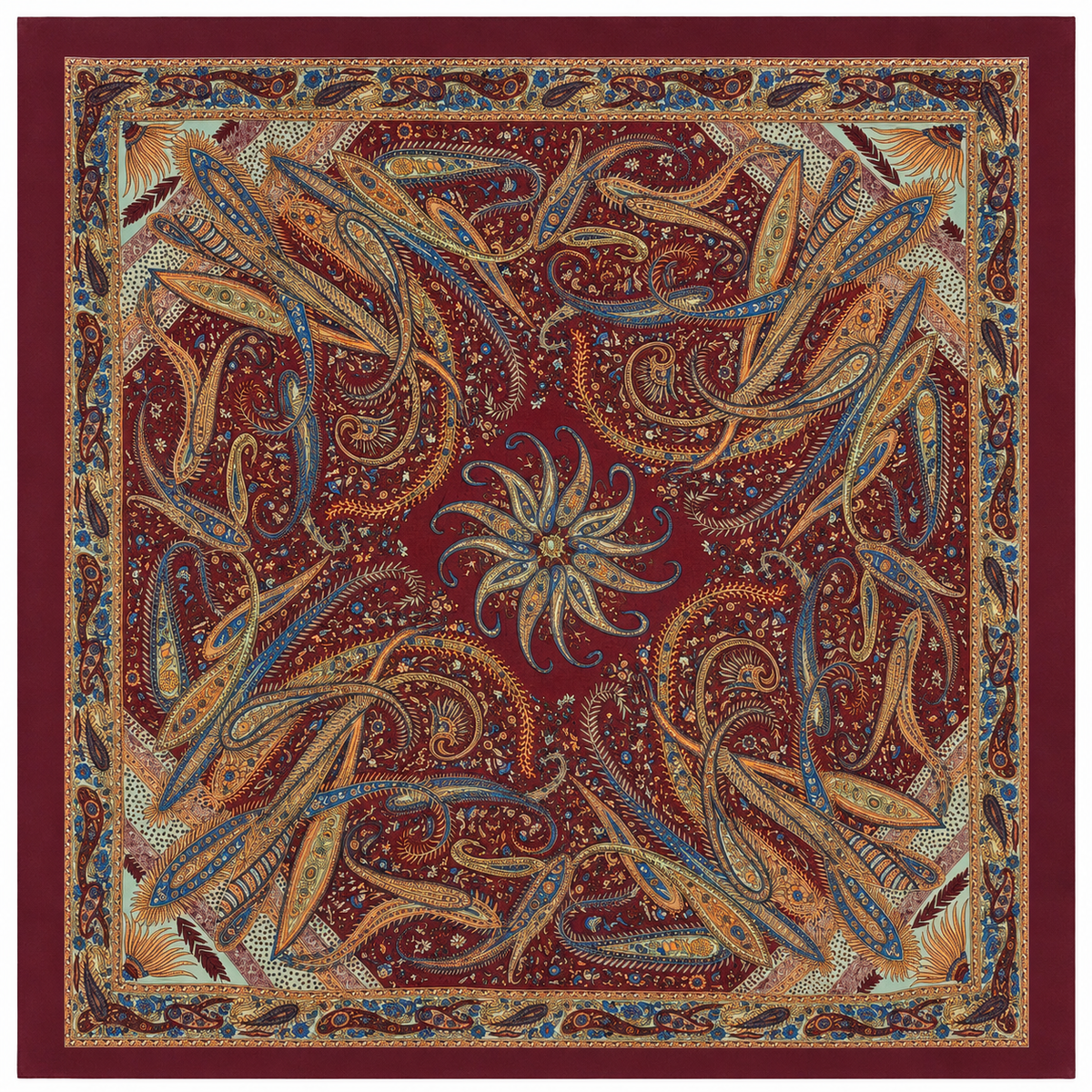 Vintage Paisley Motif Pure Silk Square Scarf | 100x100 cm