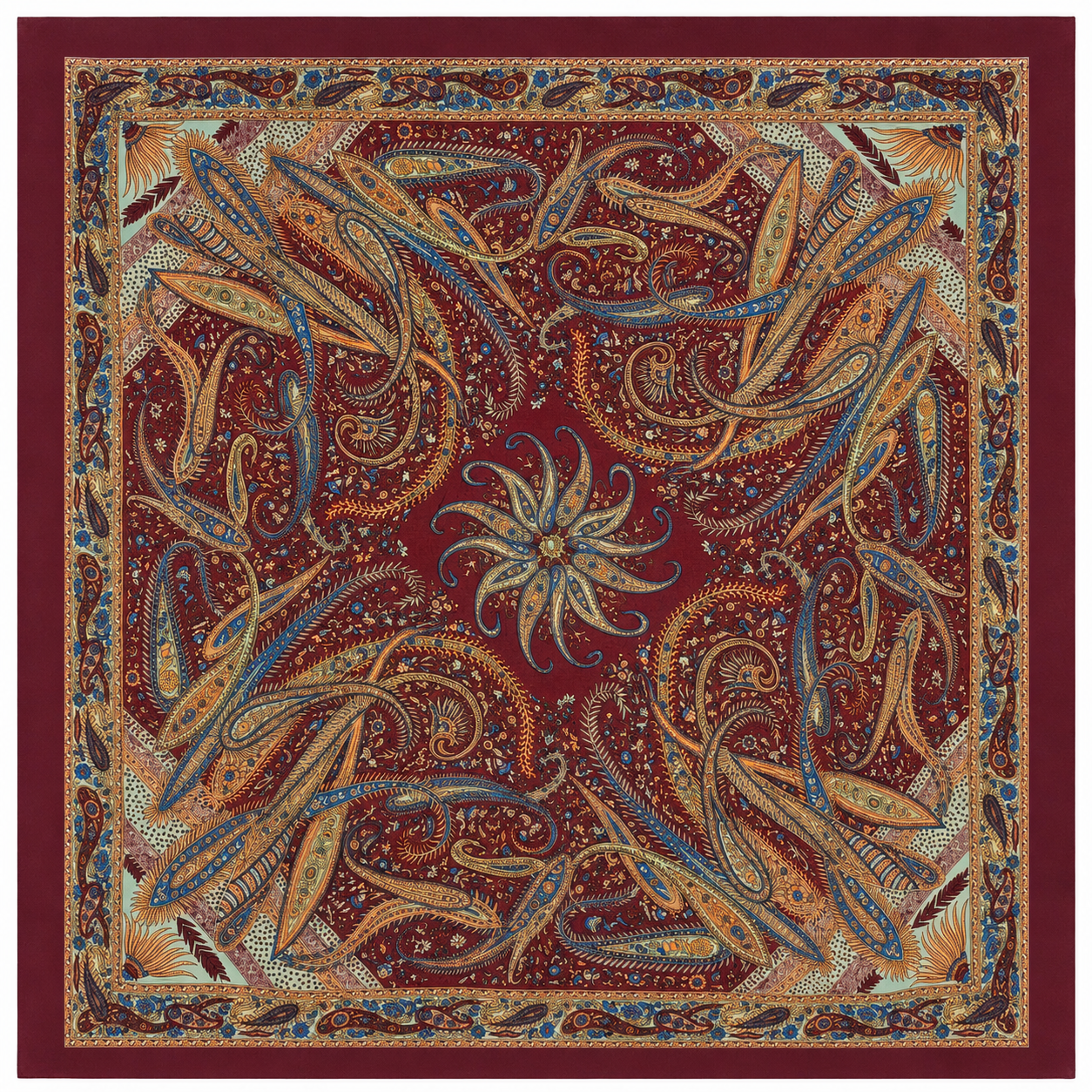 Vintage Paisley Motif Pure Silk Square Scarf | 100x100 cm