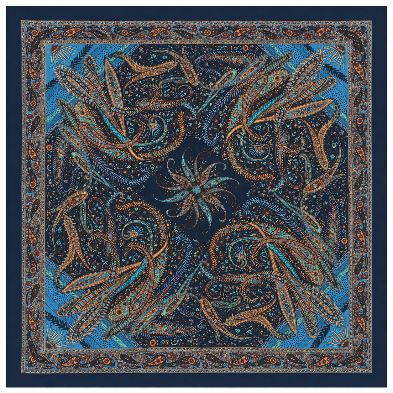 Vintage Paisley Motif Pure Silk Square Scarf | 100x100 cm