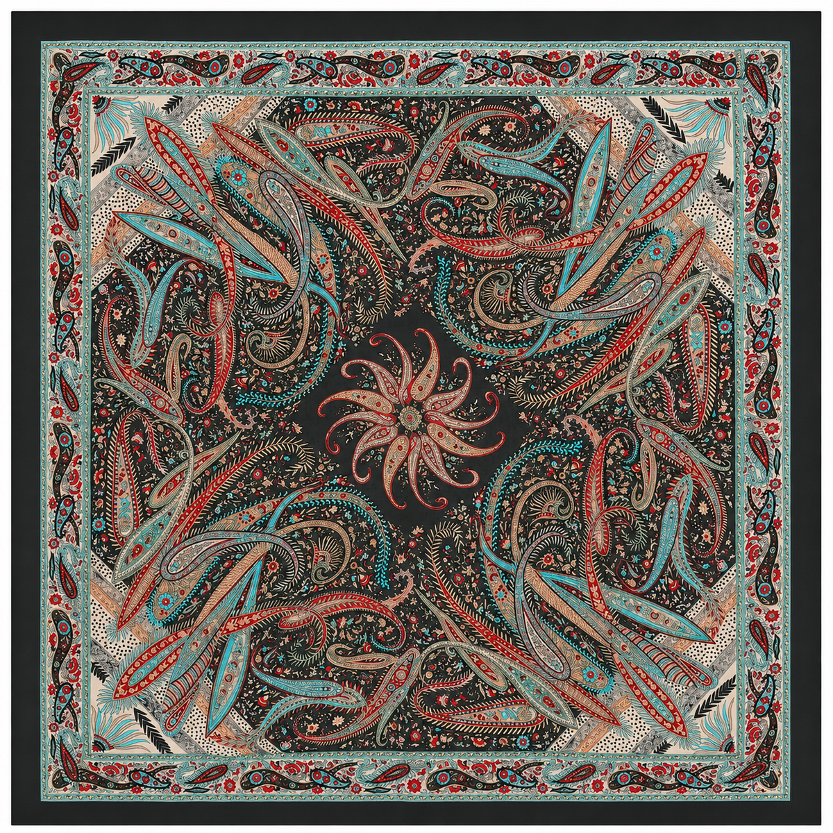 Vintage Paisley Motif Pure Silk Square Scarf | 100x100 cm
