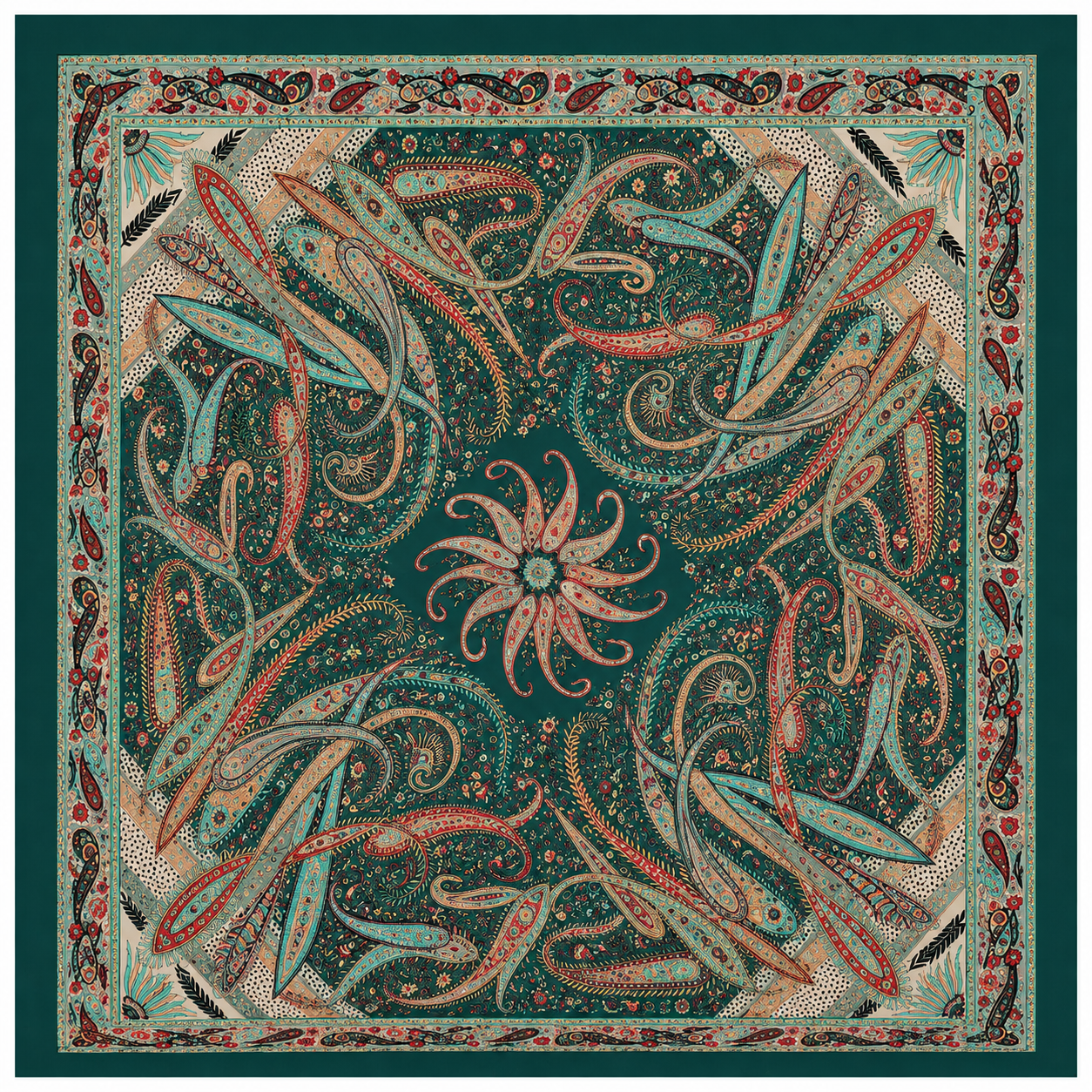 Vintage Paisley Motif Pure Silk Square Scarf | 100x100 cm