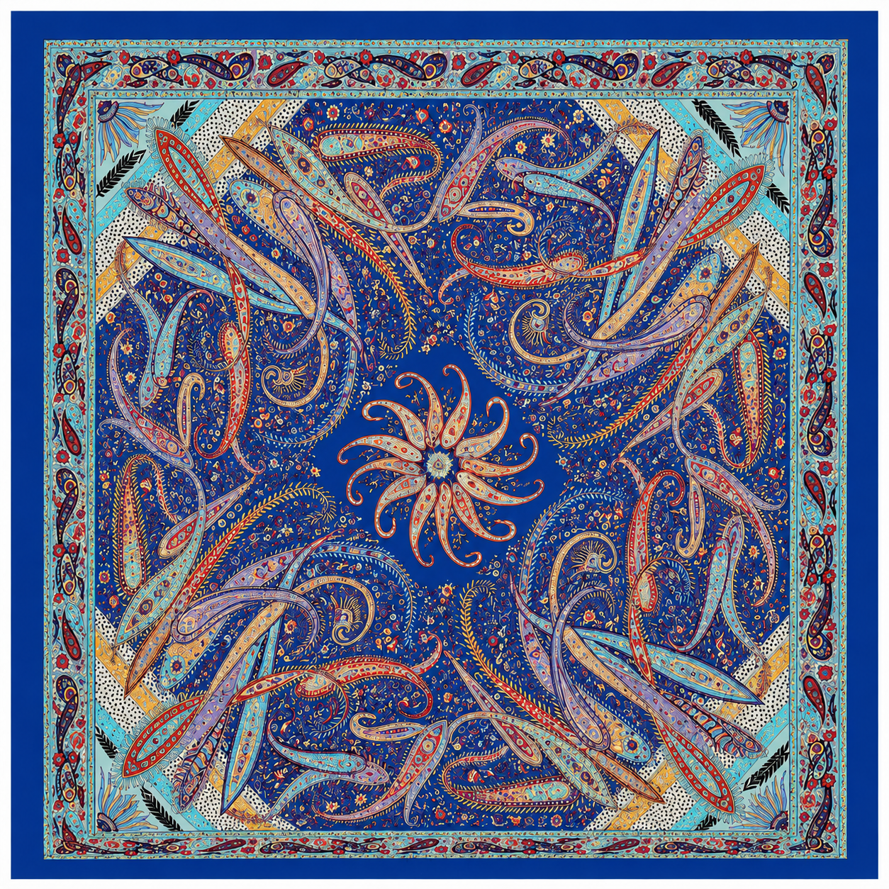 Vintage Paisley Motif Pure Silk Square Scarf | 100x100 cm