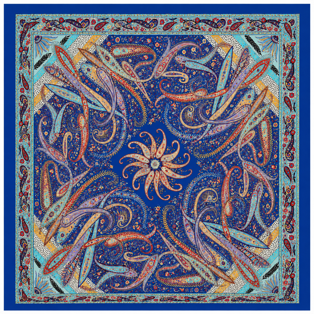 Vintage Paisley Motif Pure Silk Square Scarf | 100x100 cm