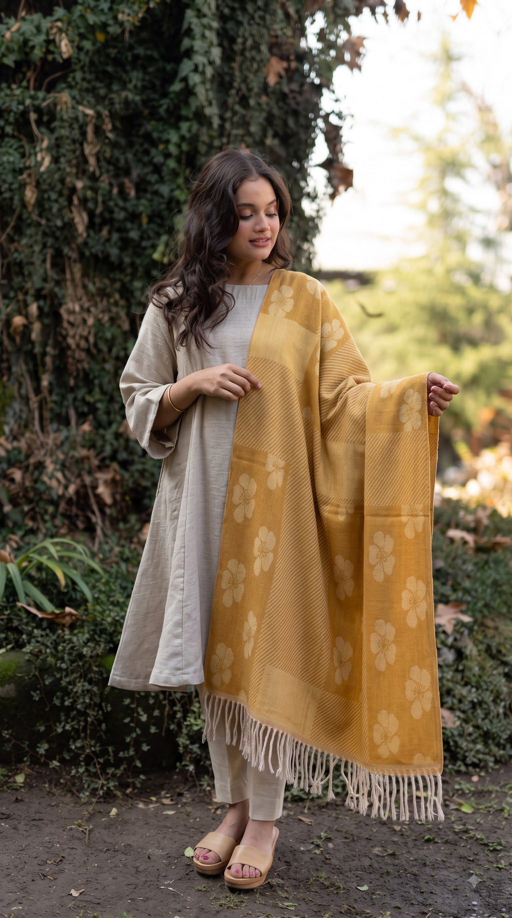 Floral Patchwork Polyester Stole with Tassels