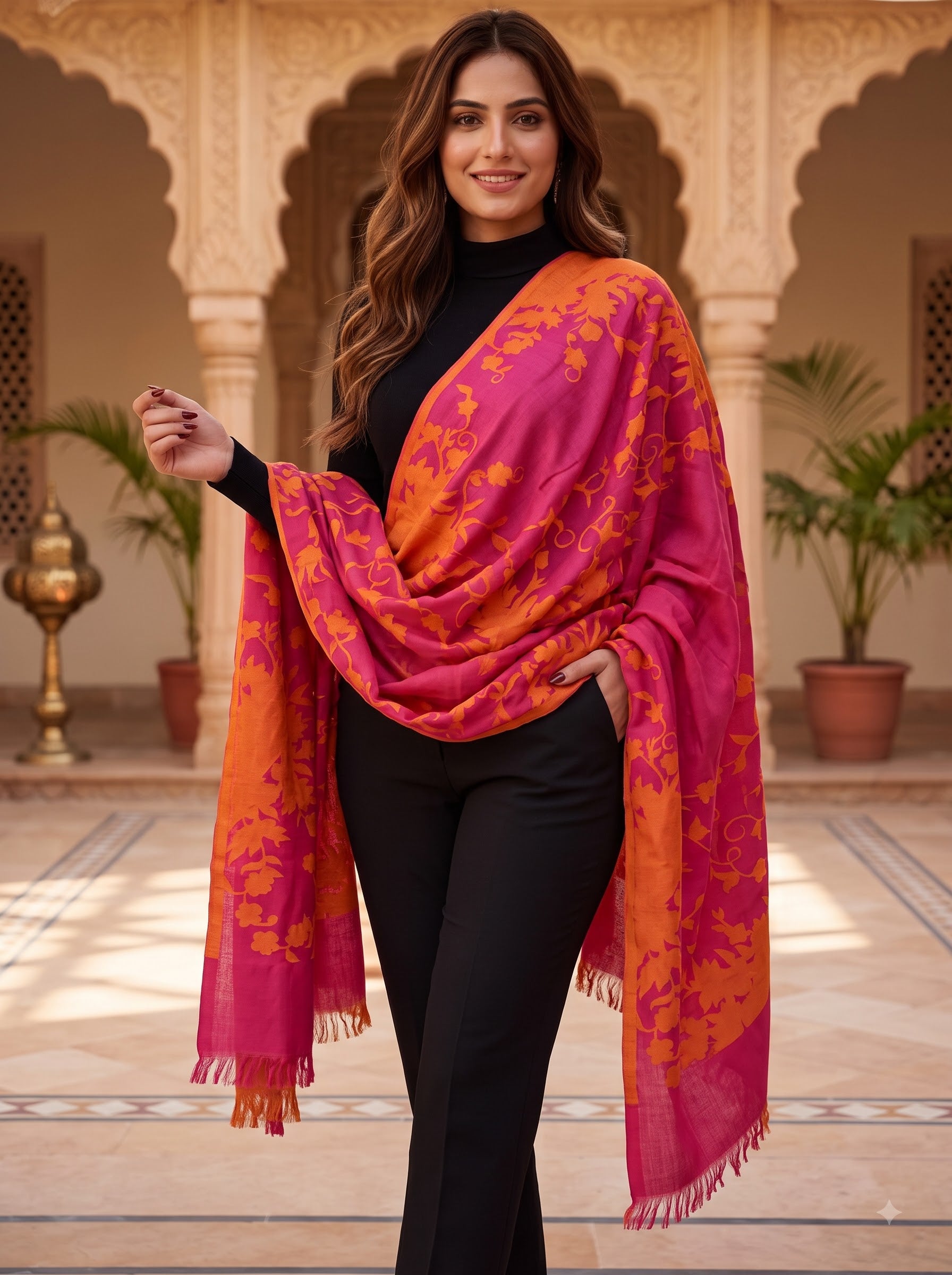 Cotton Jacquard Stole - Pink