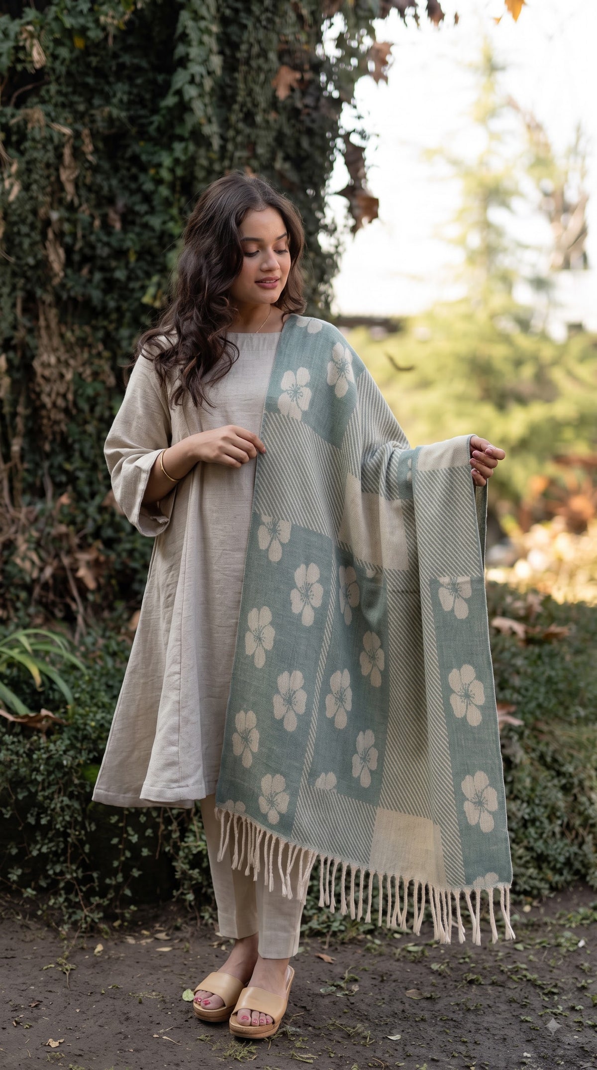 Floral Patchwork Polyester Stole with Tassels