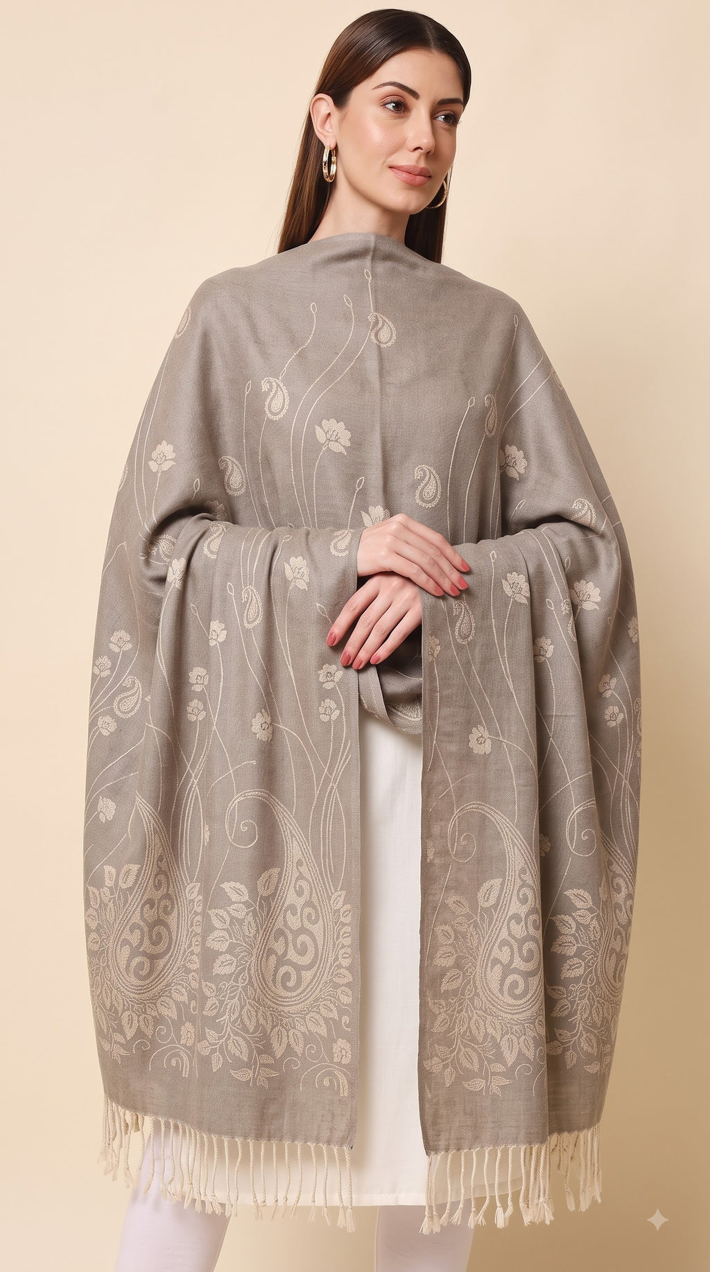 Floral Vine Paisley Woven Polyester Stole with Tassels