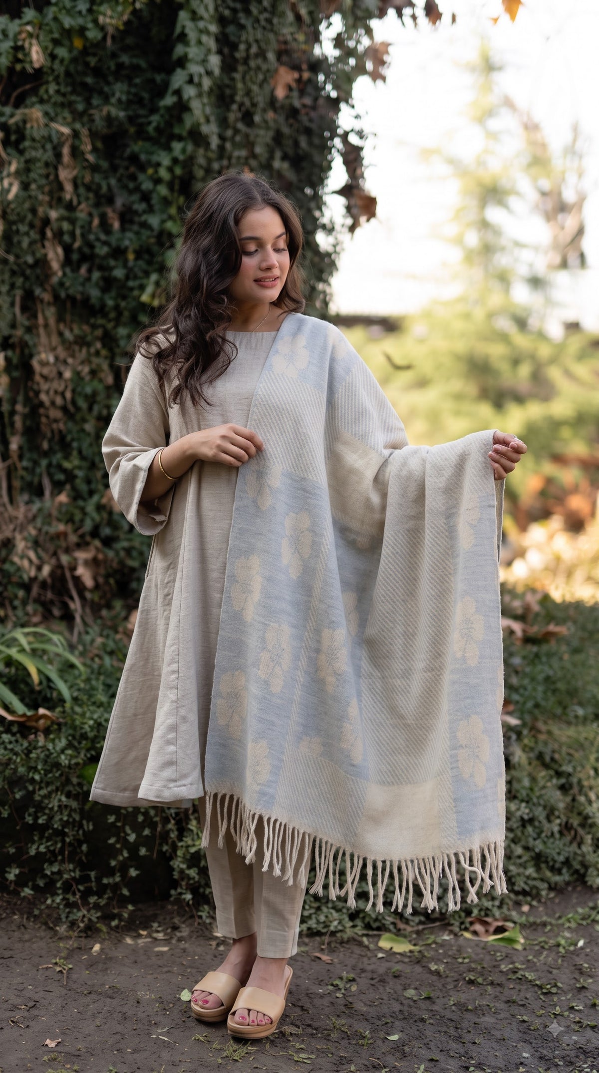 Floral Patchwork Polyester Stole with Tassels