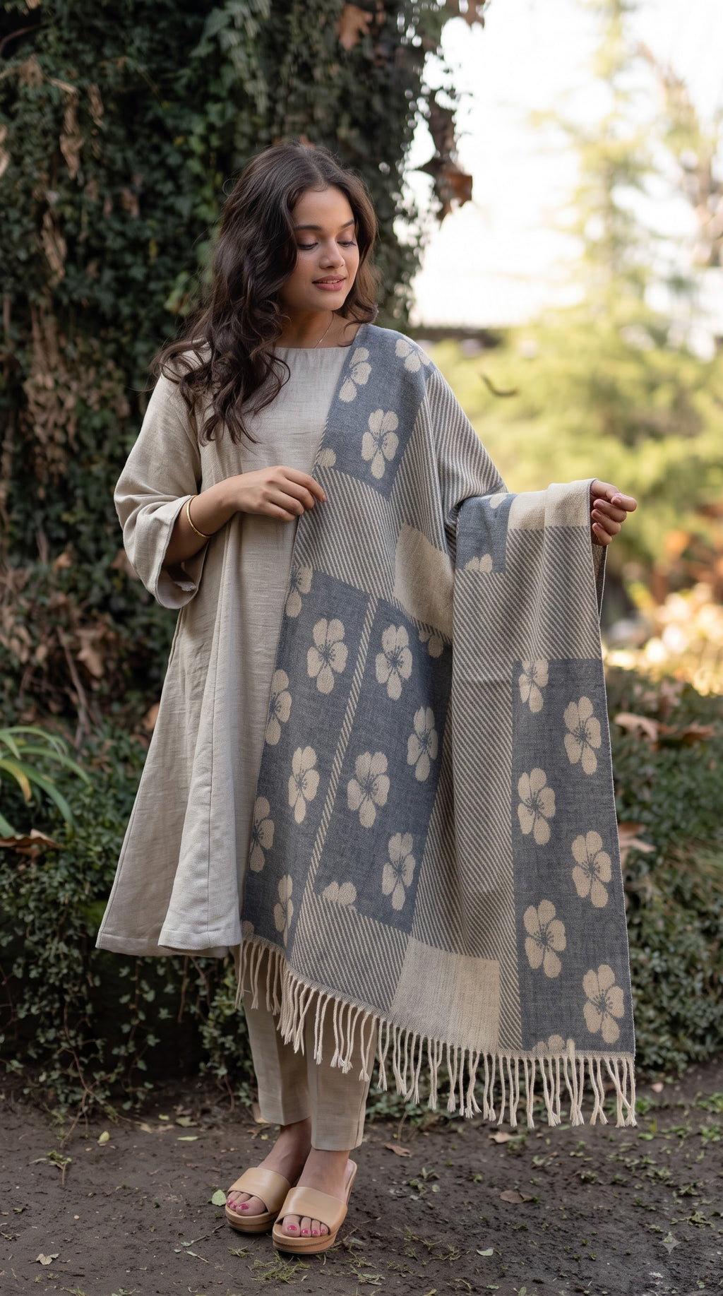 Floral Patchwork Polyester Stole with Tassels