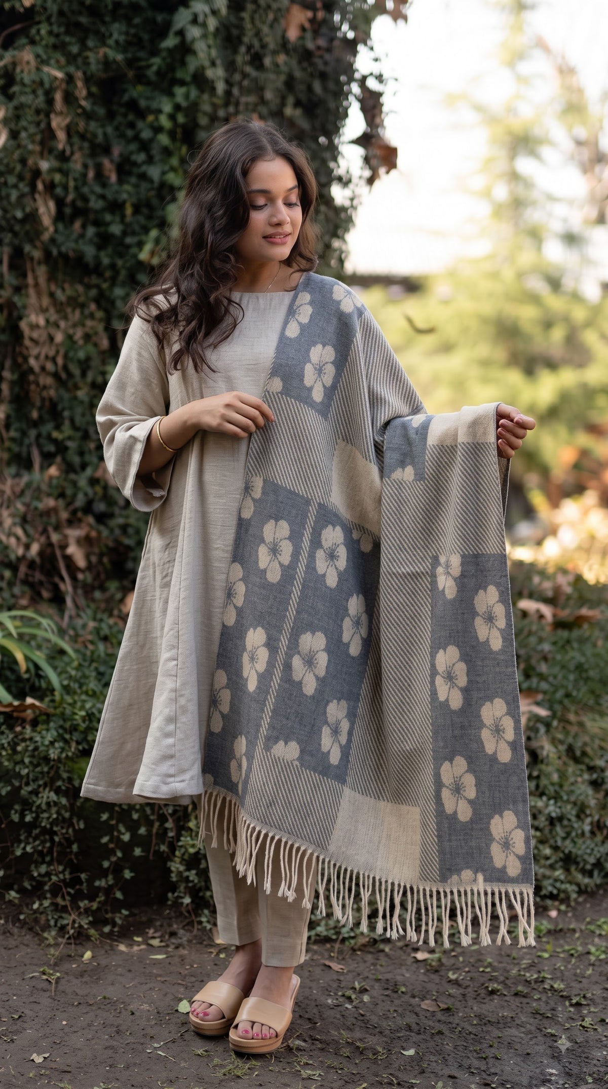 Floral Patchwork Polyester Stole with Tassels