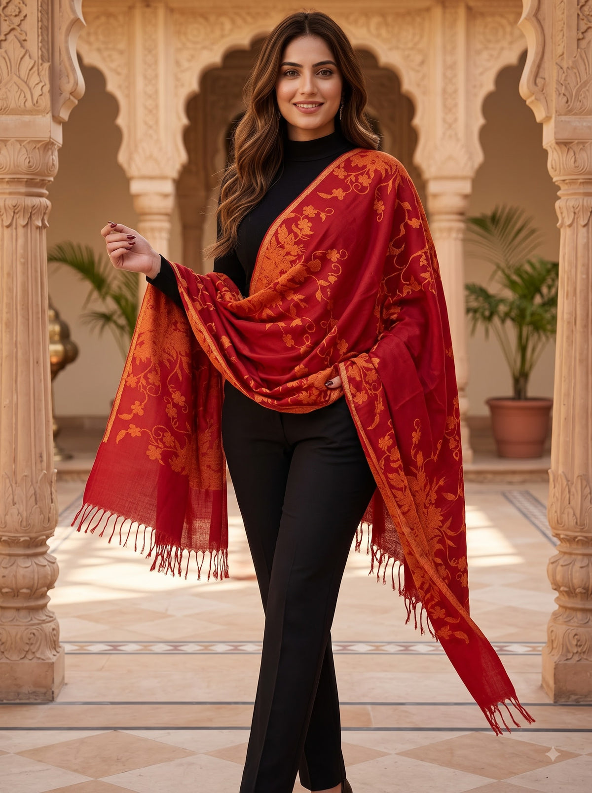 Cotton Jacquard Stole - Red