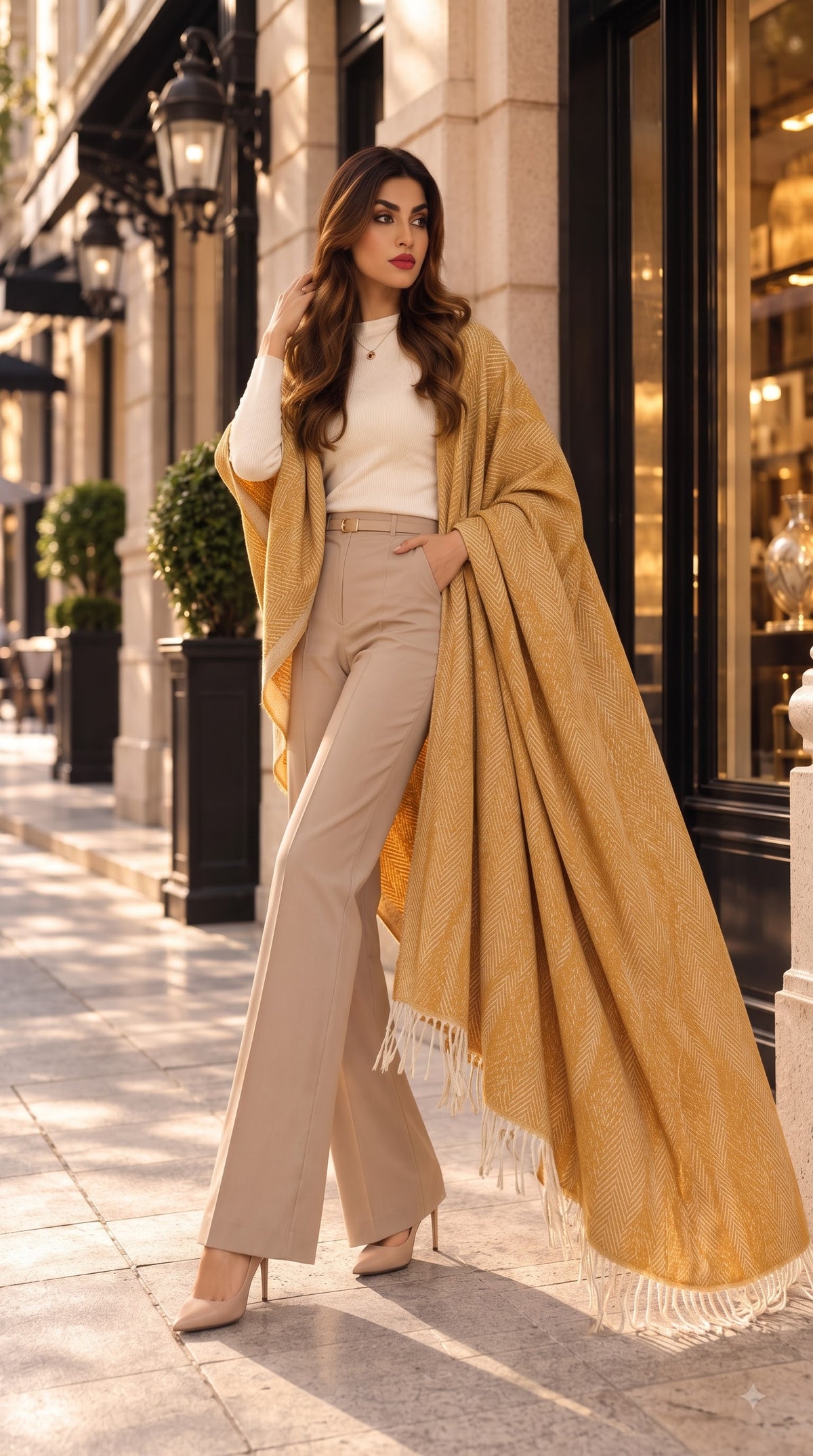 Wave Herringbone Textured Polyester Stole with Tassels