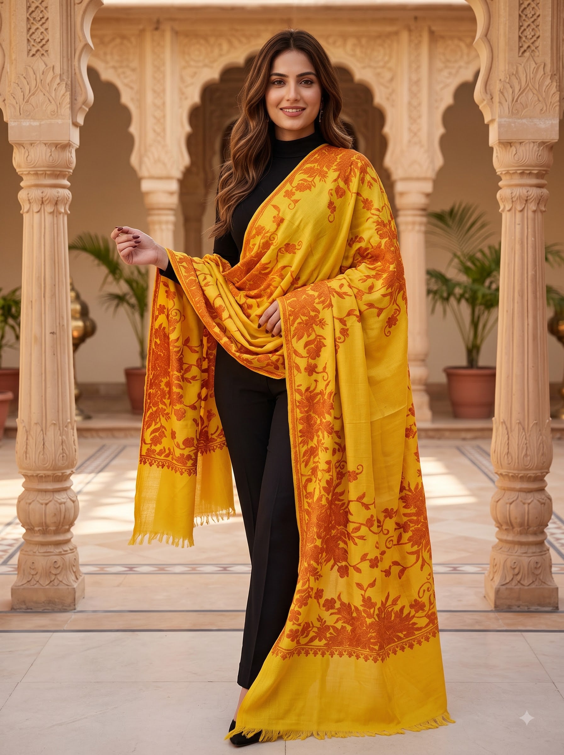 Cotton Jacquard Stole - Yellow