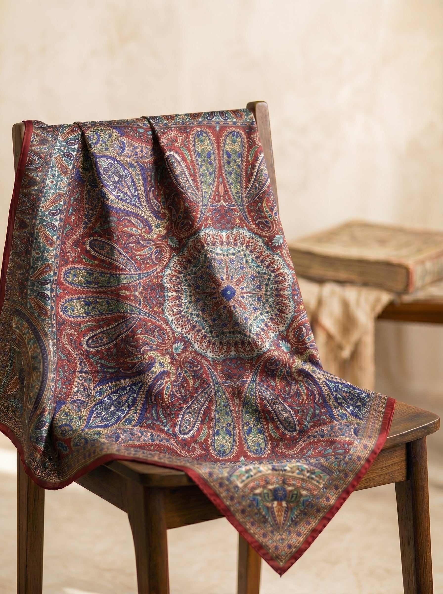 Vintage Paisley Motif Pure Silk Square Scarf | 100x100 cm