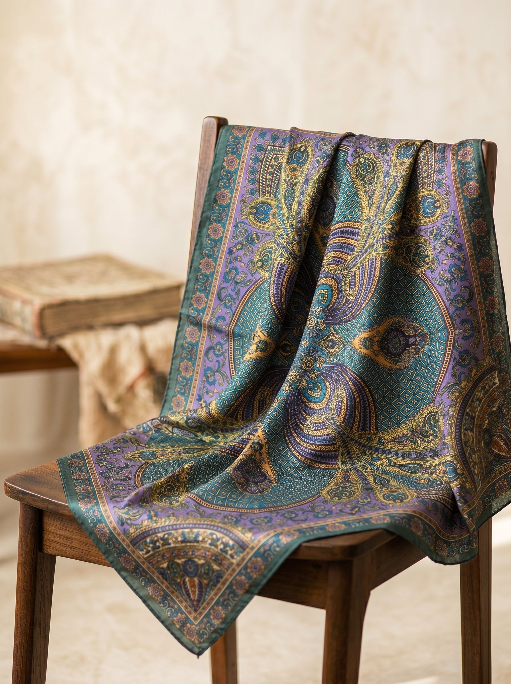 Vintage Paisley Motif Pure Silk Square Scarf | 100x100 cm